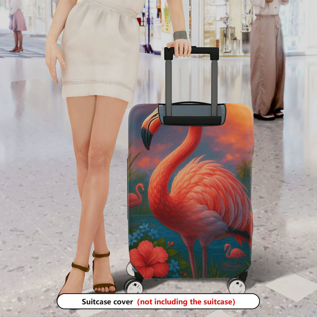 1-Piece Tropical Flamingo Sunset Landscape Hibiscus  Suitcase Luggage Cover, Stretch Protective Sleeve