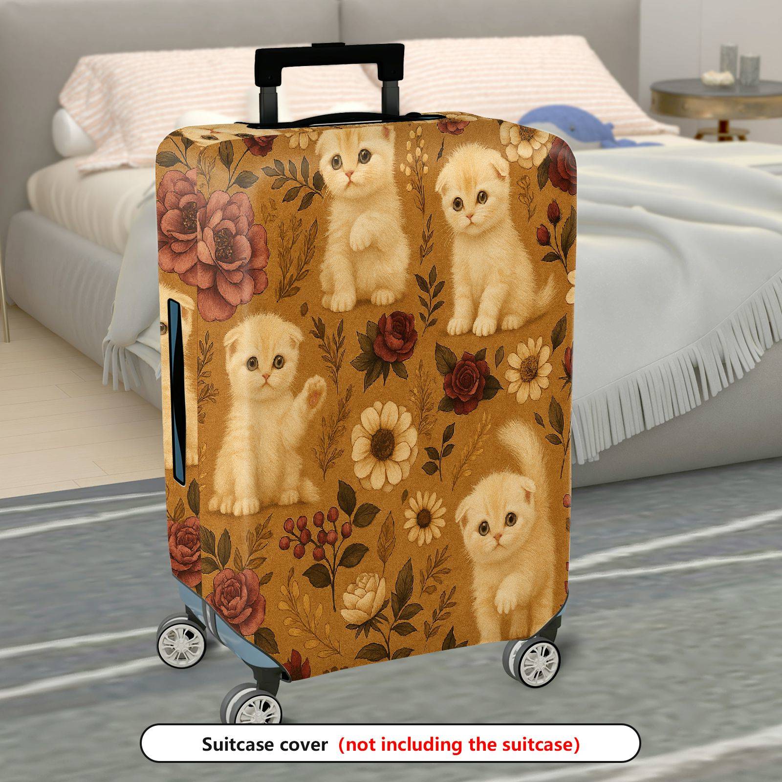 1-Piece Cute Floral Kitten Vintage Artistic Pattern  Suitcase Luggage Cover, Stretch Protective Sleeve