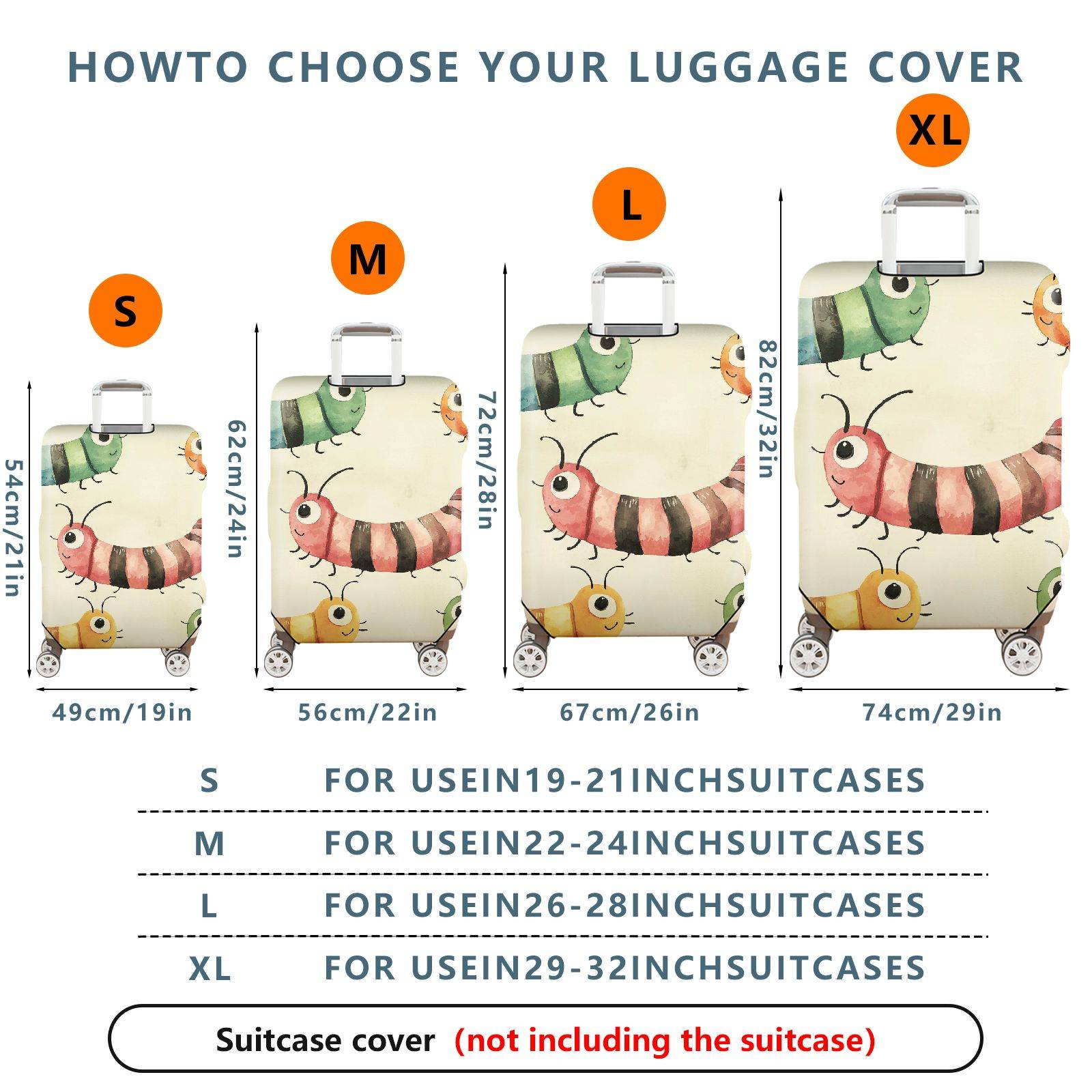 1-Piece Colorful Cute  Caterpillar Animal Fun Playful  Suitcase Luggage Cover, Stretch Protective Sleeve