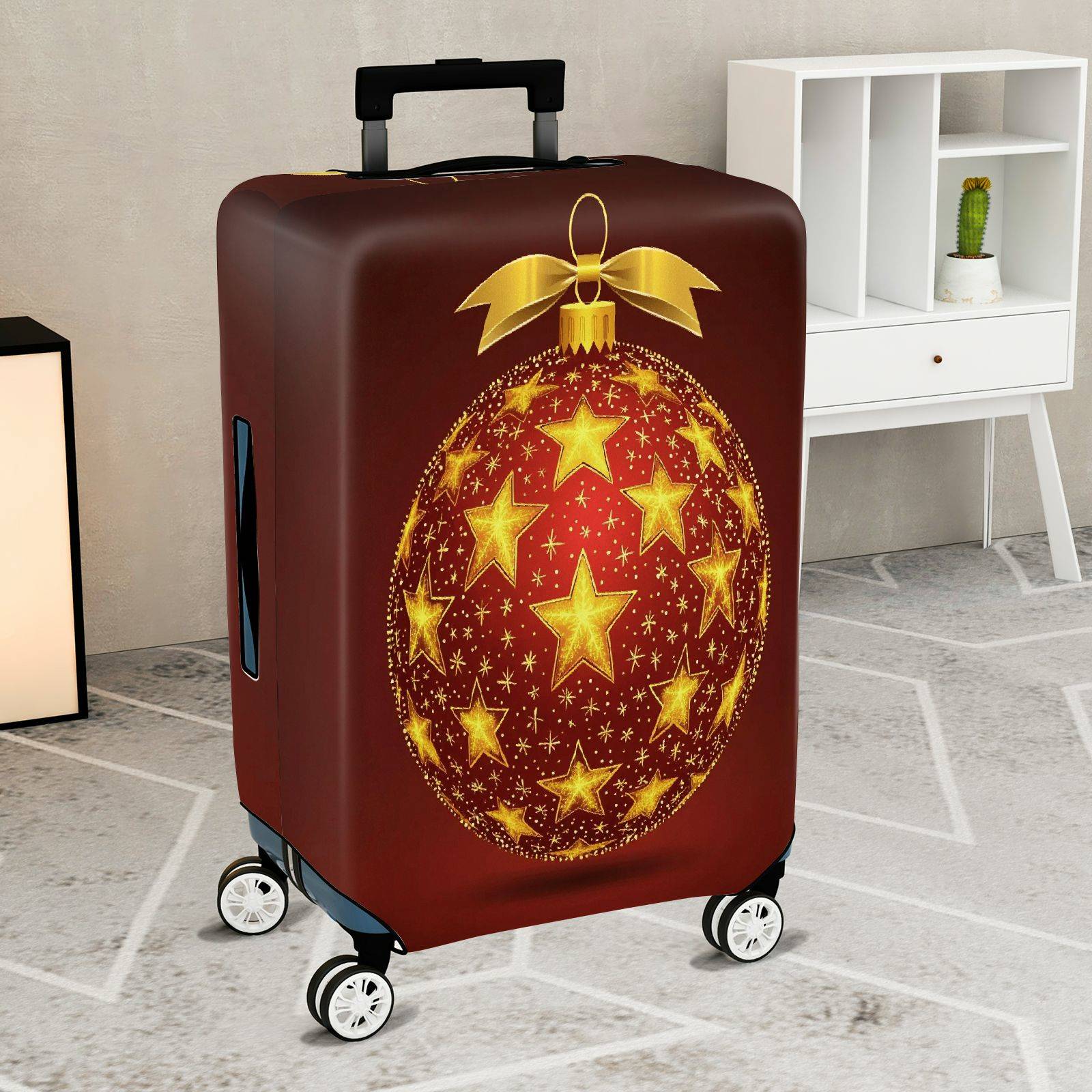 1-Piece Gold Star Ornament Christmas Bow Festive Holiday  Suitcase Luggage Cover, Stretch Protective Sleeve