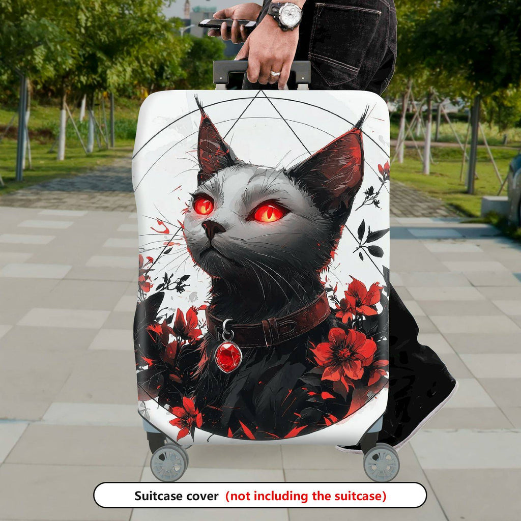 1-Piece Black Cat Red Eyes Floral Gothic Art  Suitcase Luggage Cover, Stretch Protective Sleeve