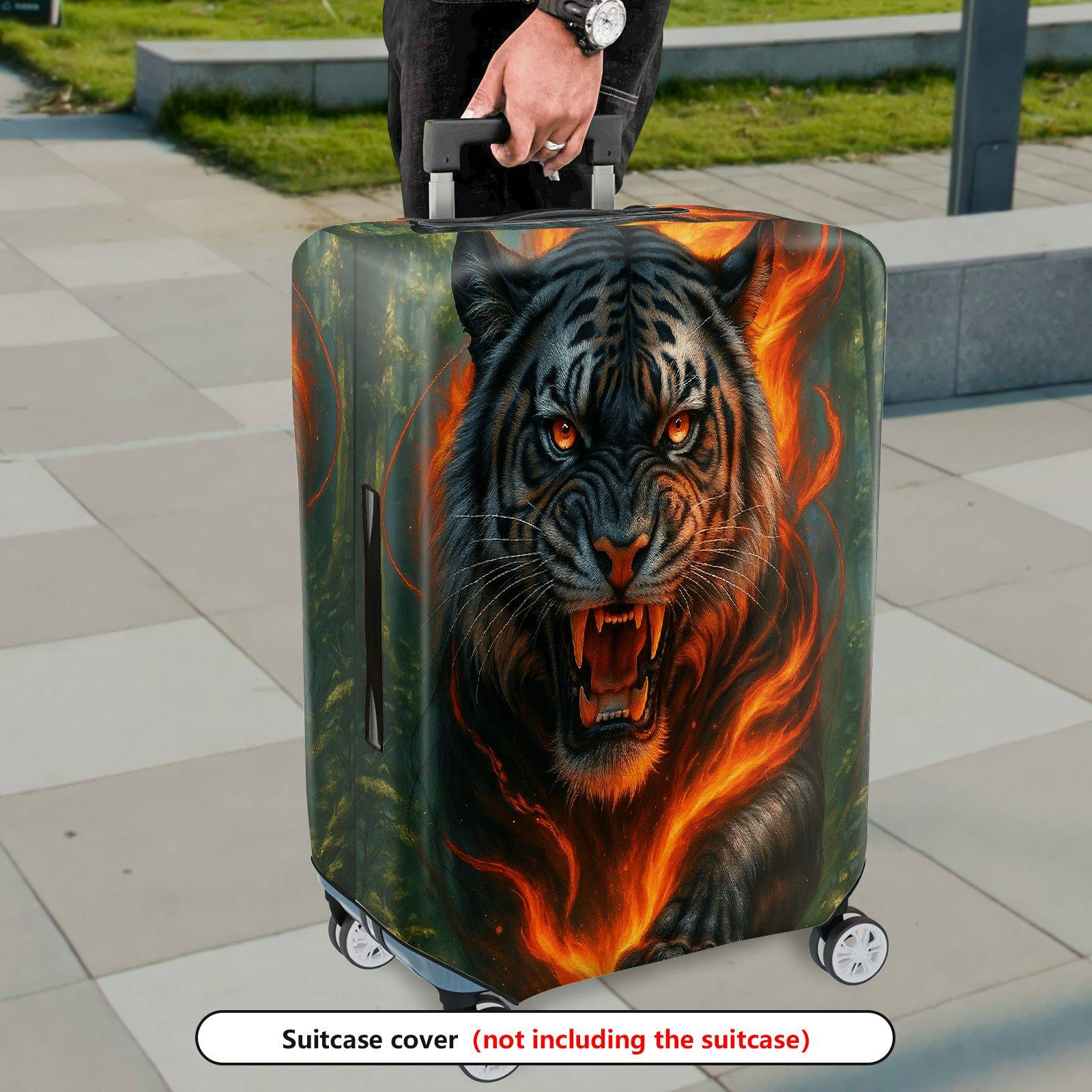 1-Piece Fierce Tiger Flaming Forest Artistic Wildlife  Suitcase Luggage Cover, Stretch Protective Sleeve