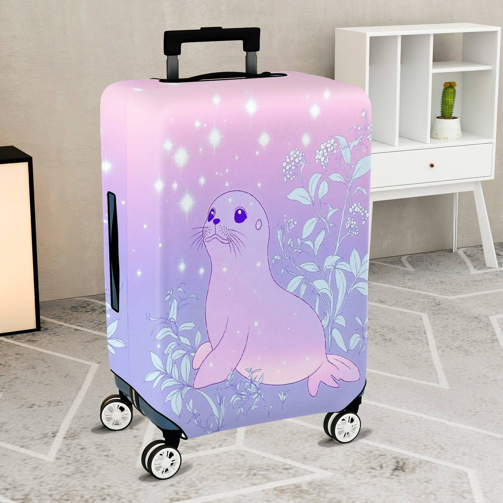 1-Piece Cute Seal Starry Floral Pastel Gradient Magical  Suitcase Luggage Cover, Stretch Protective Sleeve