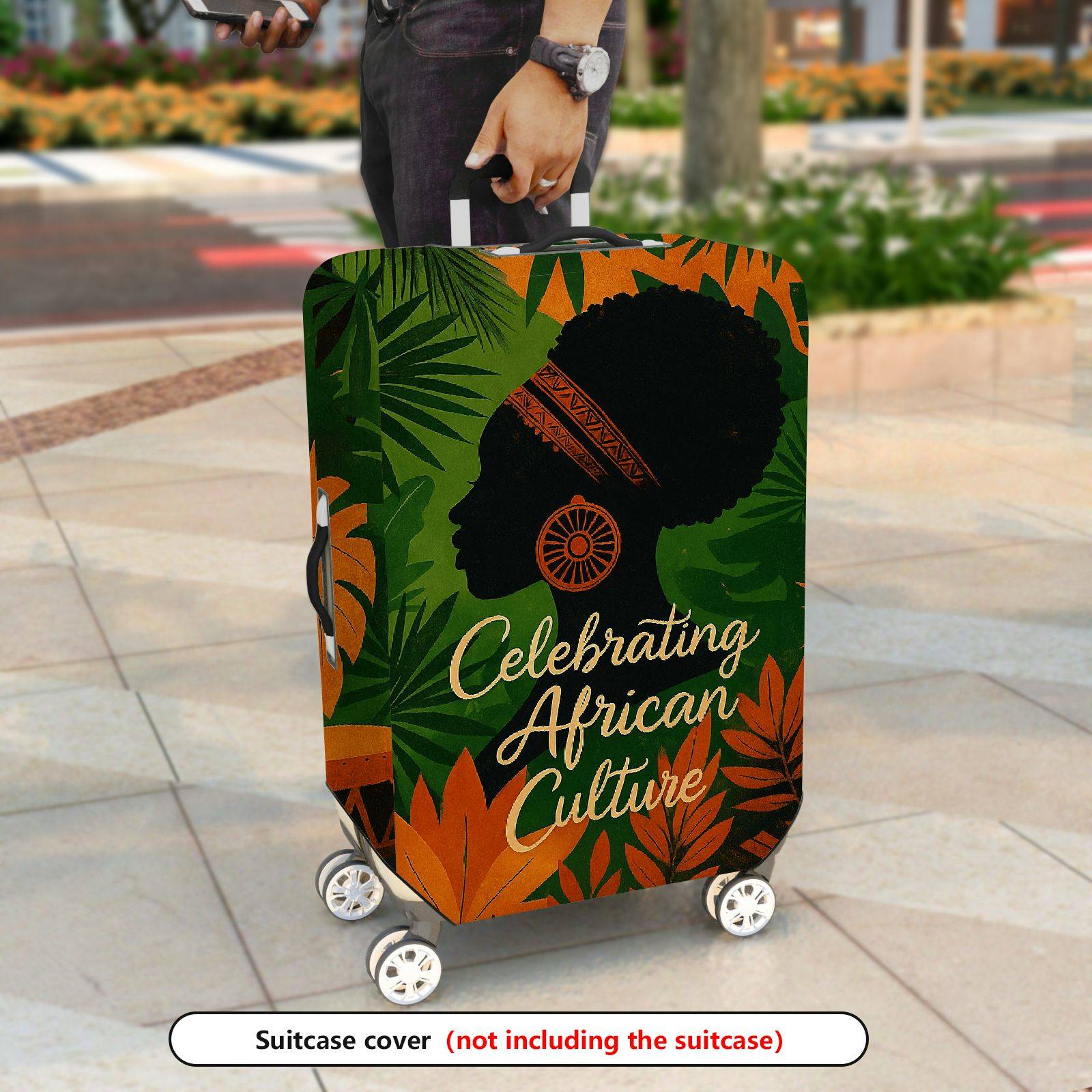 1-Piece African Culture Green Orange Black Silhouette Leaves  Suitcase Luggage Cover, Stretch Protective Sleeve