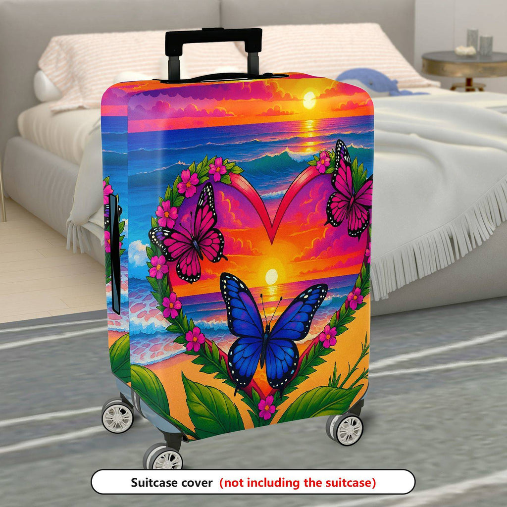1-Piece Sunset Ocean Heart Butterfly Floral  Suitcase Luggage Cover, Stretch Protective Sleeve