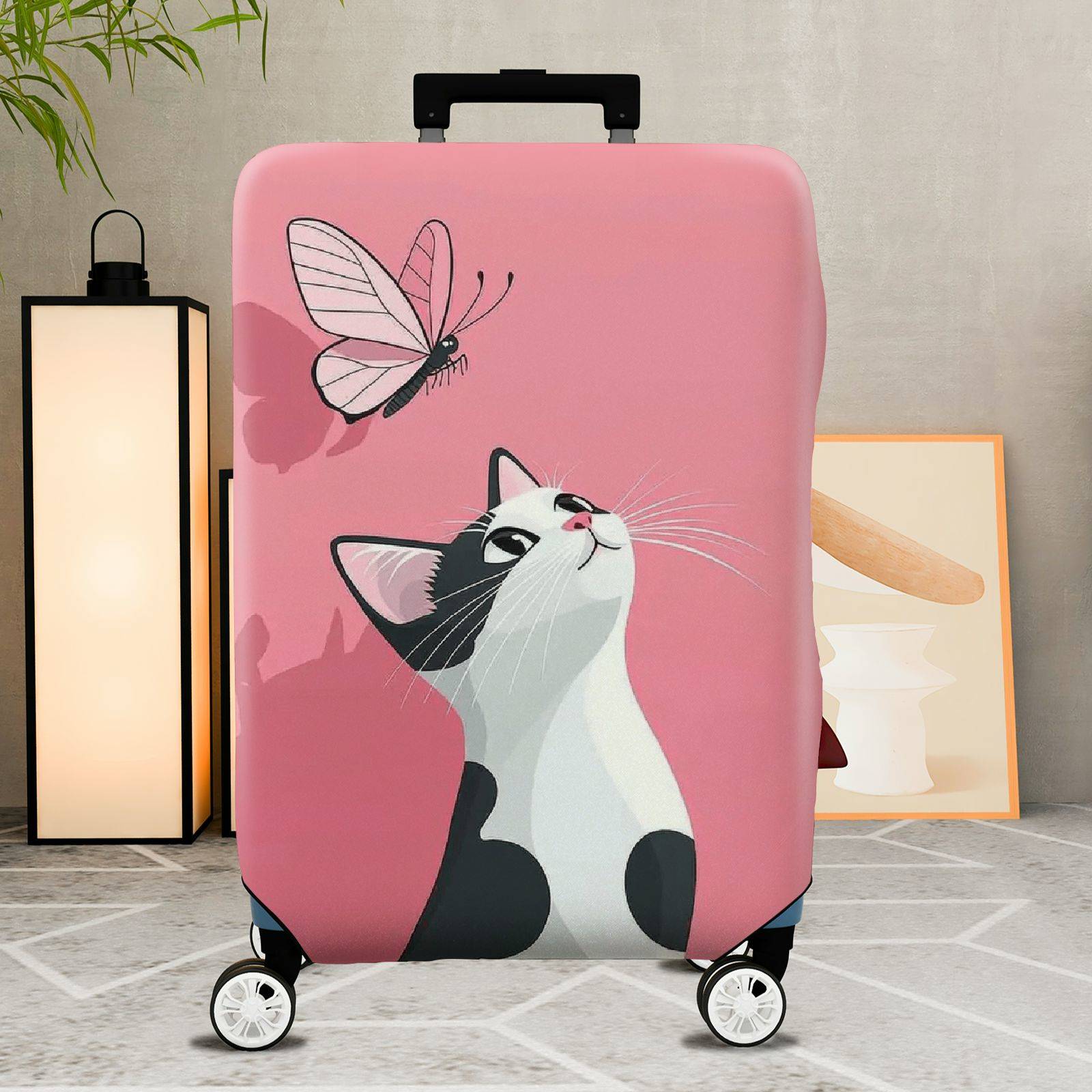 1-Piece Pink Cat Butterfly Cute Whimsical Fun  Suitcase Luggage Cover, Stretch Protective Sleeve