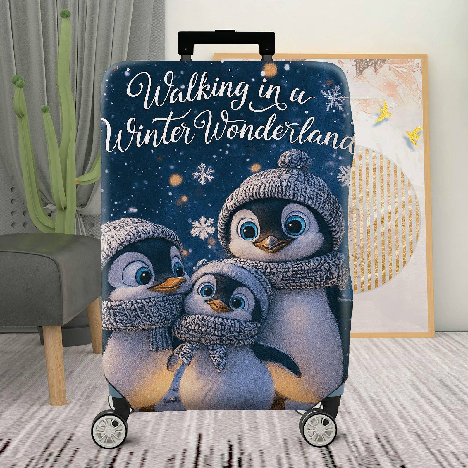 1-Piece Winter Wonderland Penguin Snowflake Blue Cute  Suitcase Luggage Cover, Stretch Protective Sleeve