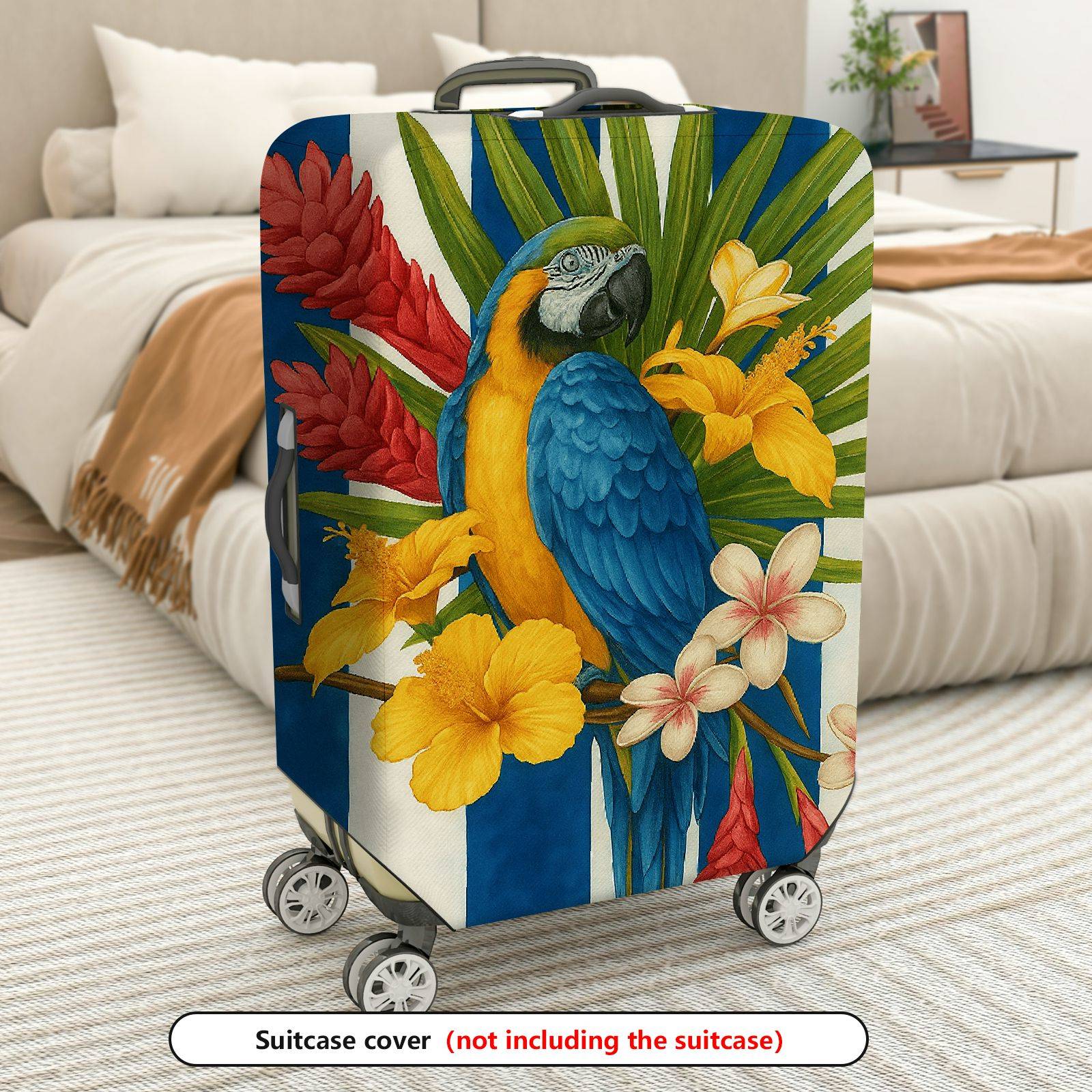 1-Piece Tropical Parrot Floral Stripe Colorful  Suitcase Luggage Cover, Stretch Protective Sleeve