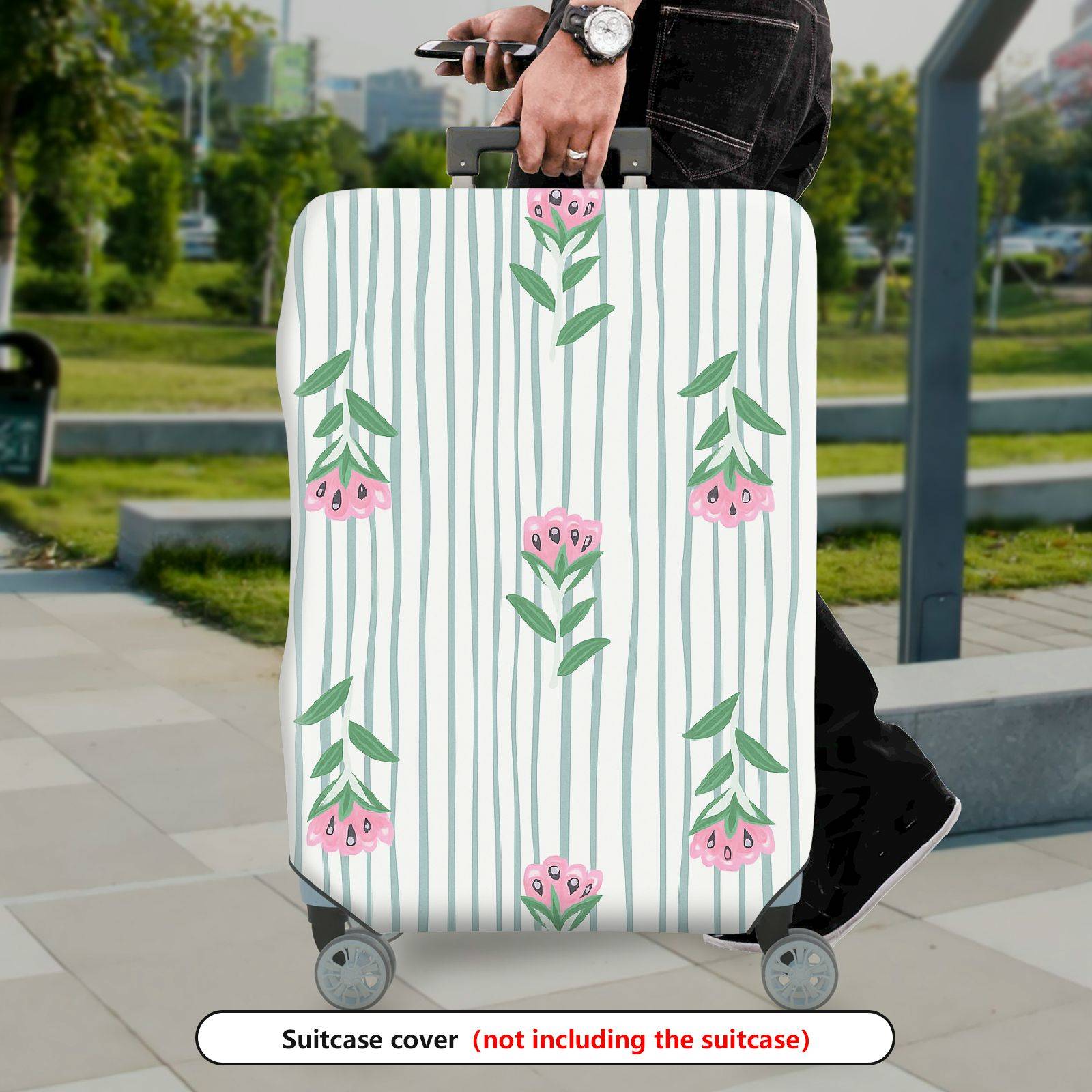 1-Piece Pastel Floral Striped Travel Holiday Spring  Suitcase Luggage Cover, Stretch Protective Sleeve