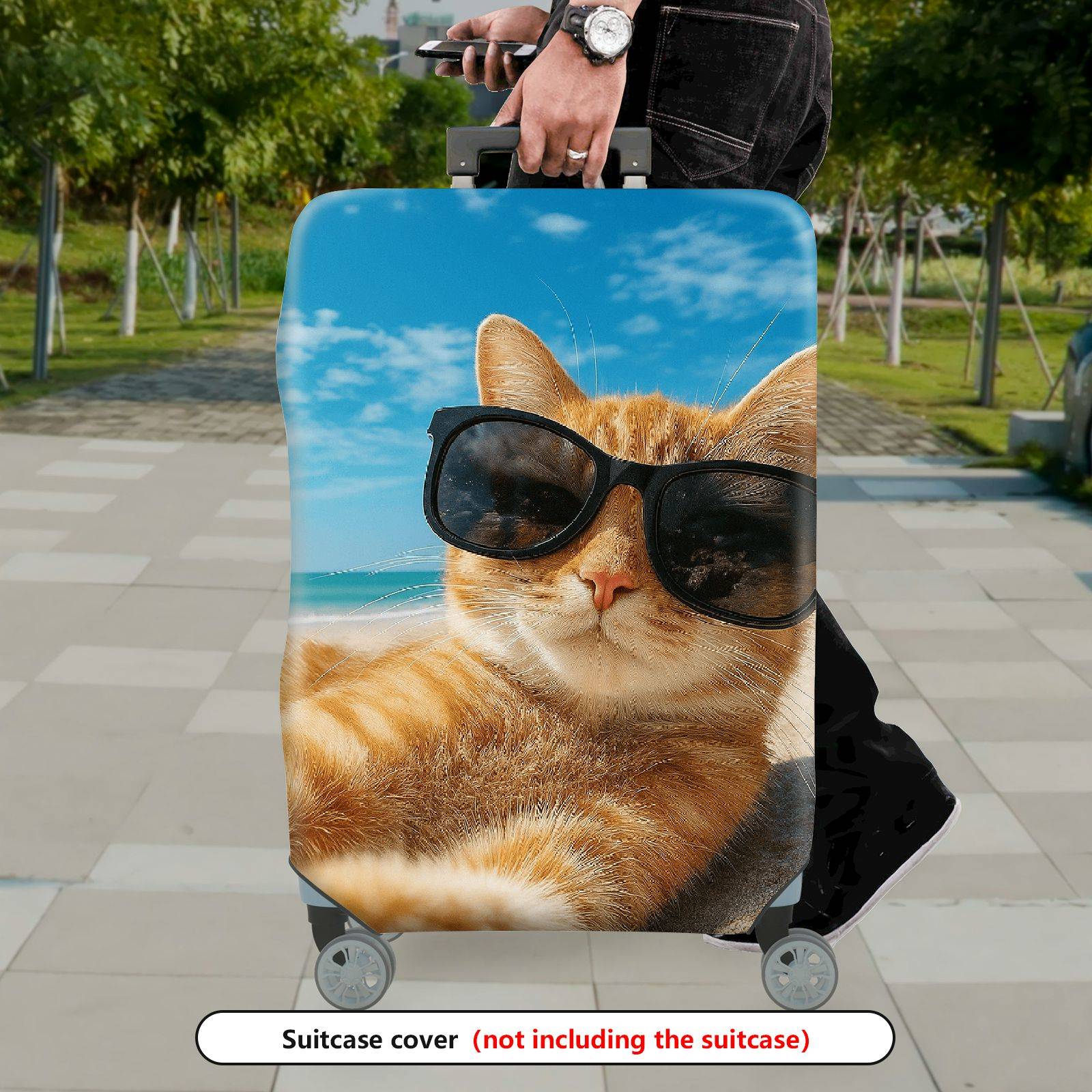 1-Piece Beach Cat Summer Ocean Relaxation Cute  Suitcase Luggage Cover, Stretch Protective Sleeve