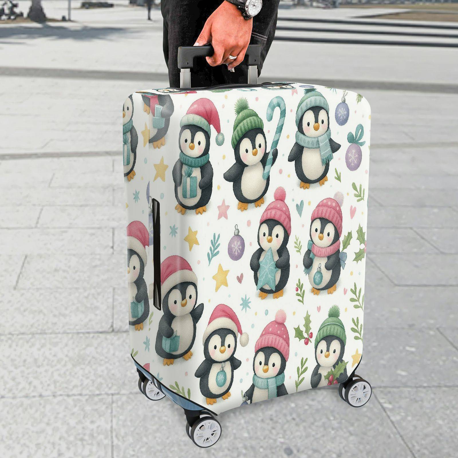 1-Piece Cute Festive Penguin Winter Holiday Christmas  Suitcase Luggage Cover, Stretch Protective Sleeve