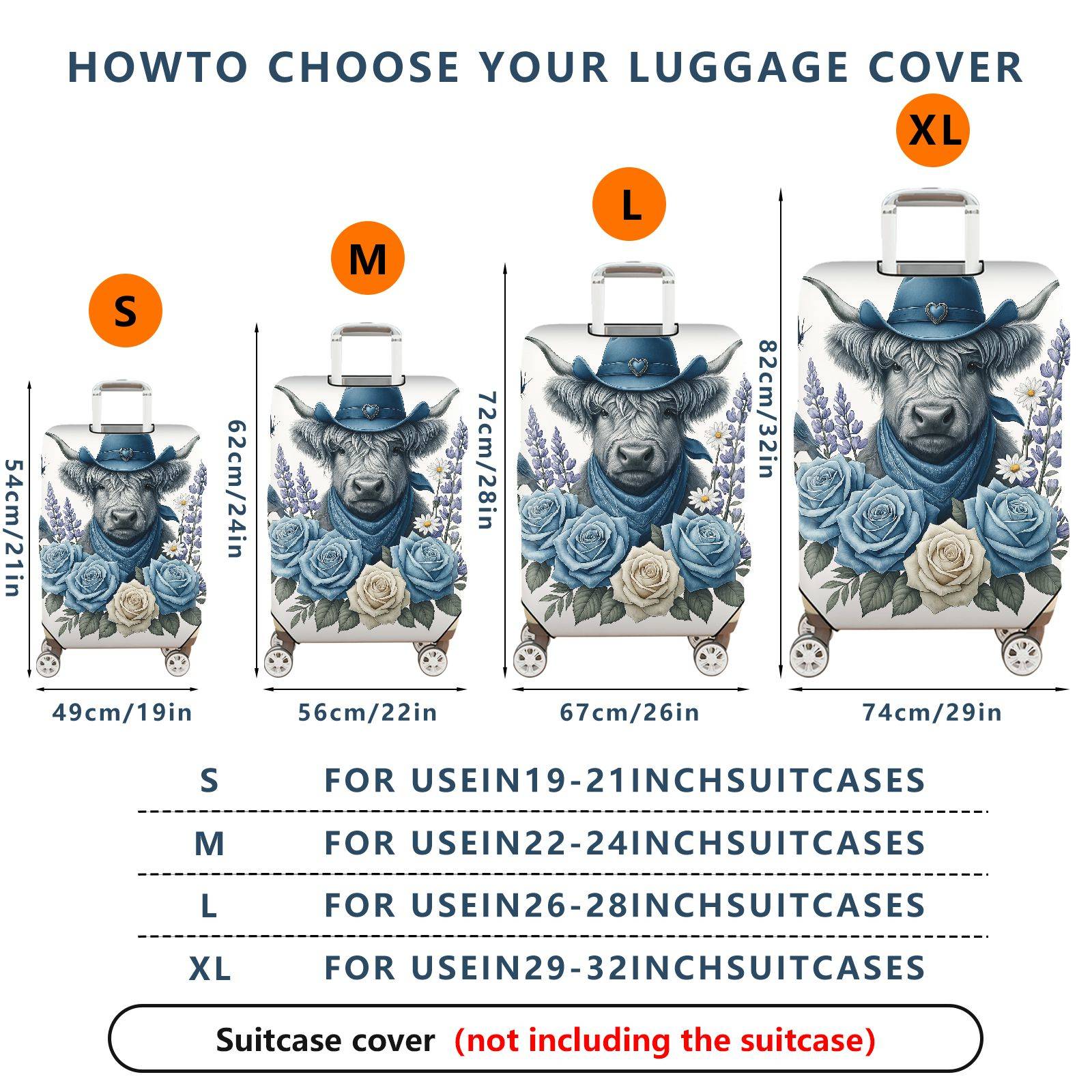 1-Piece Cowboy Cow Floral Butterfly Nature Bird  Suitcase Luggage Cover, Stretch Protective Sleeve