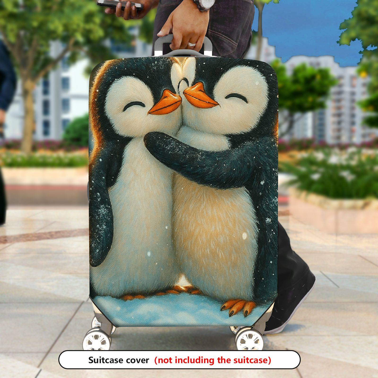 1-Piece Cute Penguin Winter Snow Love Friendship Hug  Suitcase Luggage Cover, Stretch Protective Sleeve