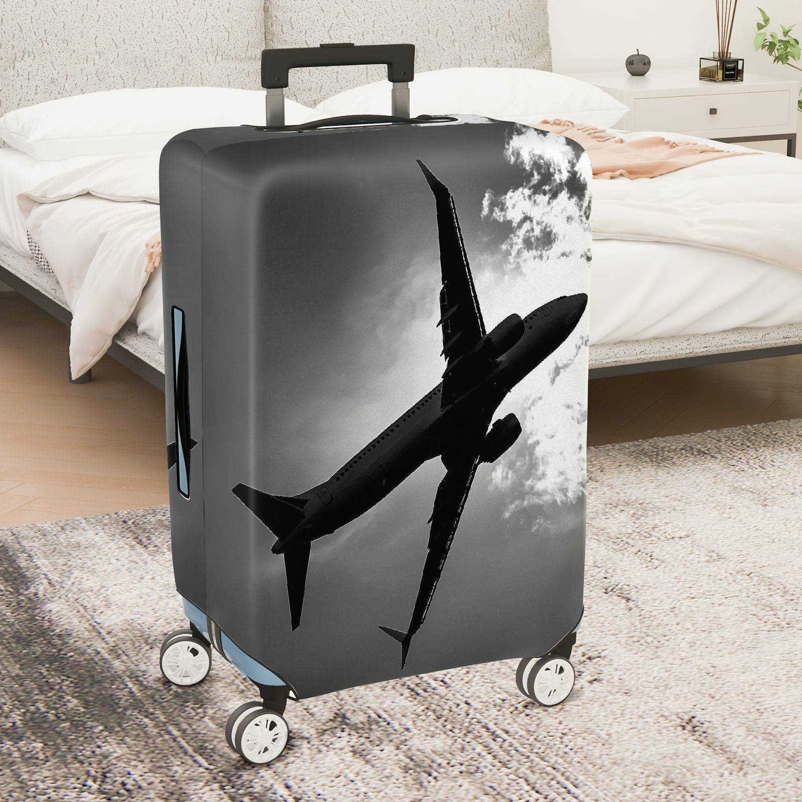 1-Piece Airplane Travel Clouds Sky Black and White  Suitcase Luggage Cover, Stretch Protective Sleeve