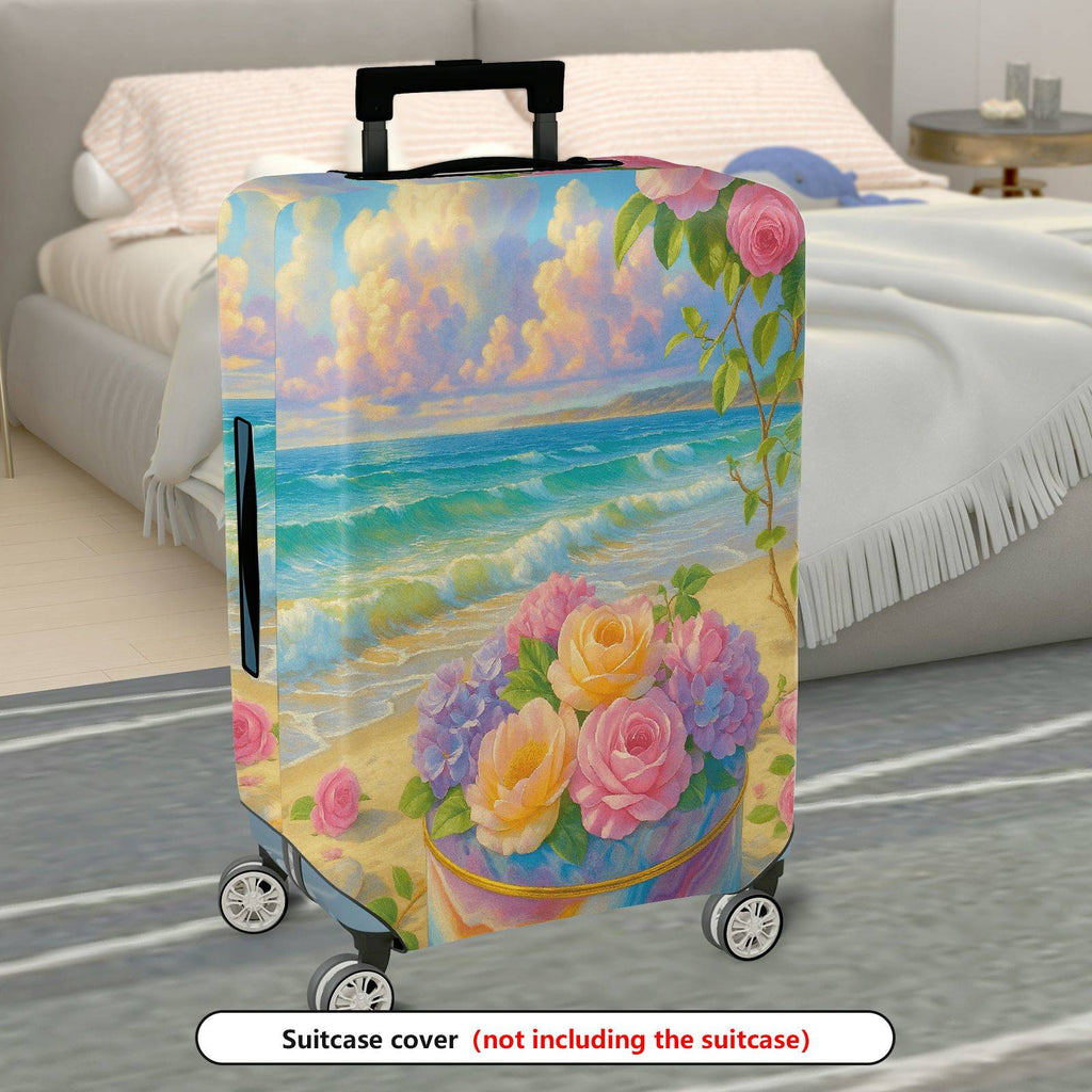 1-Piece Beach Floral Sunset Scenic Sea Rose Hydrangea  Suitcase Luggage Cover, Stretch Protective Sleeve