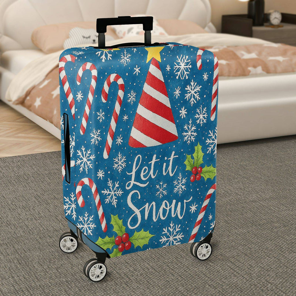 1-Piece Christmas Holiday Candy Cane Snowflake Holly Blue  Suitcase Luggage Cover, Stretch Protective Sleeve