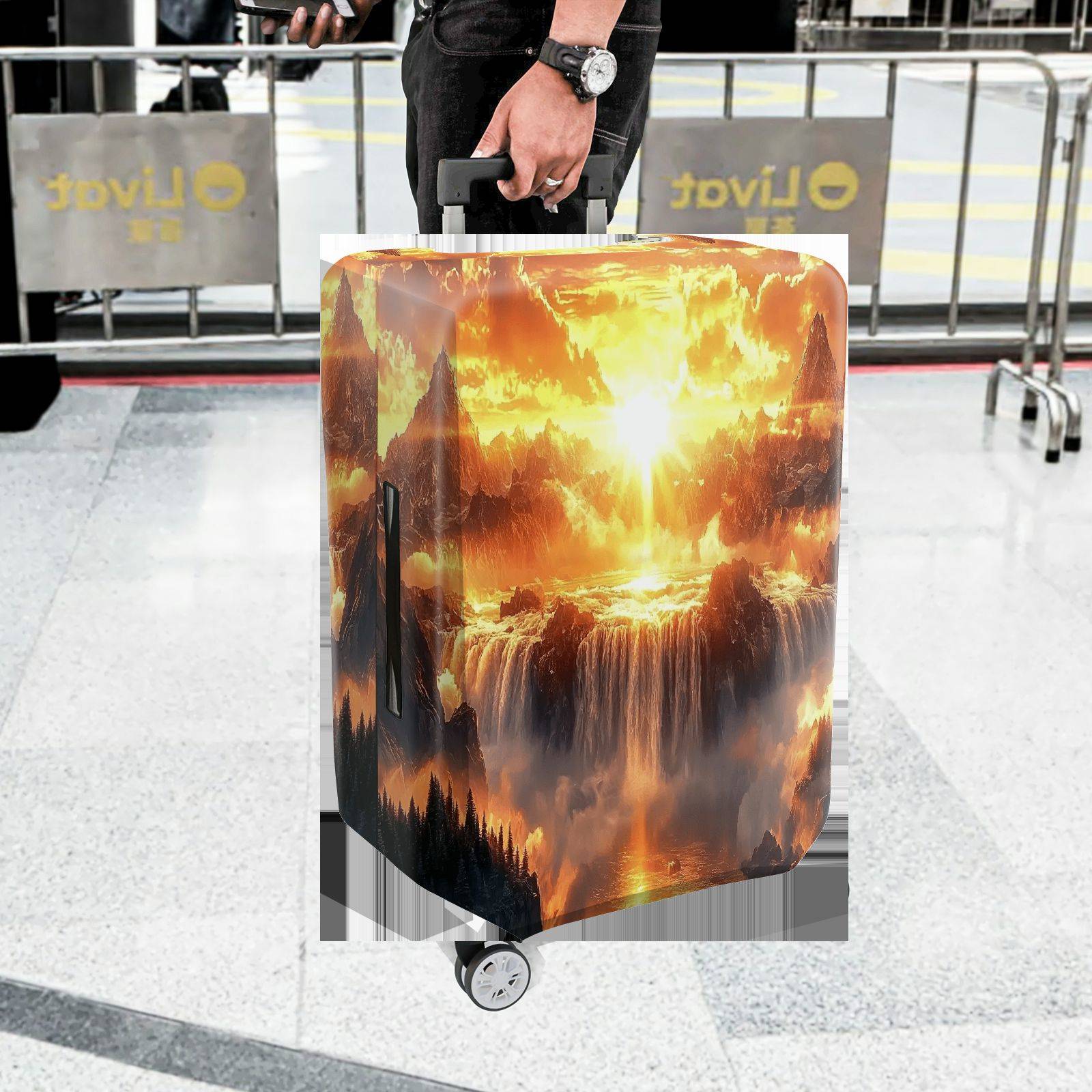 1-Piece Sunset Mountain Waterfall Fantasy Nature Landscape  Suitcase Luggage Cover, Stretch Protective Sleeve