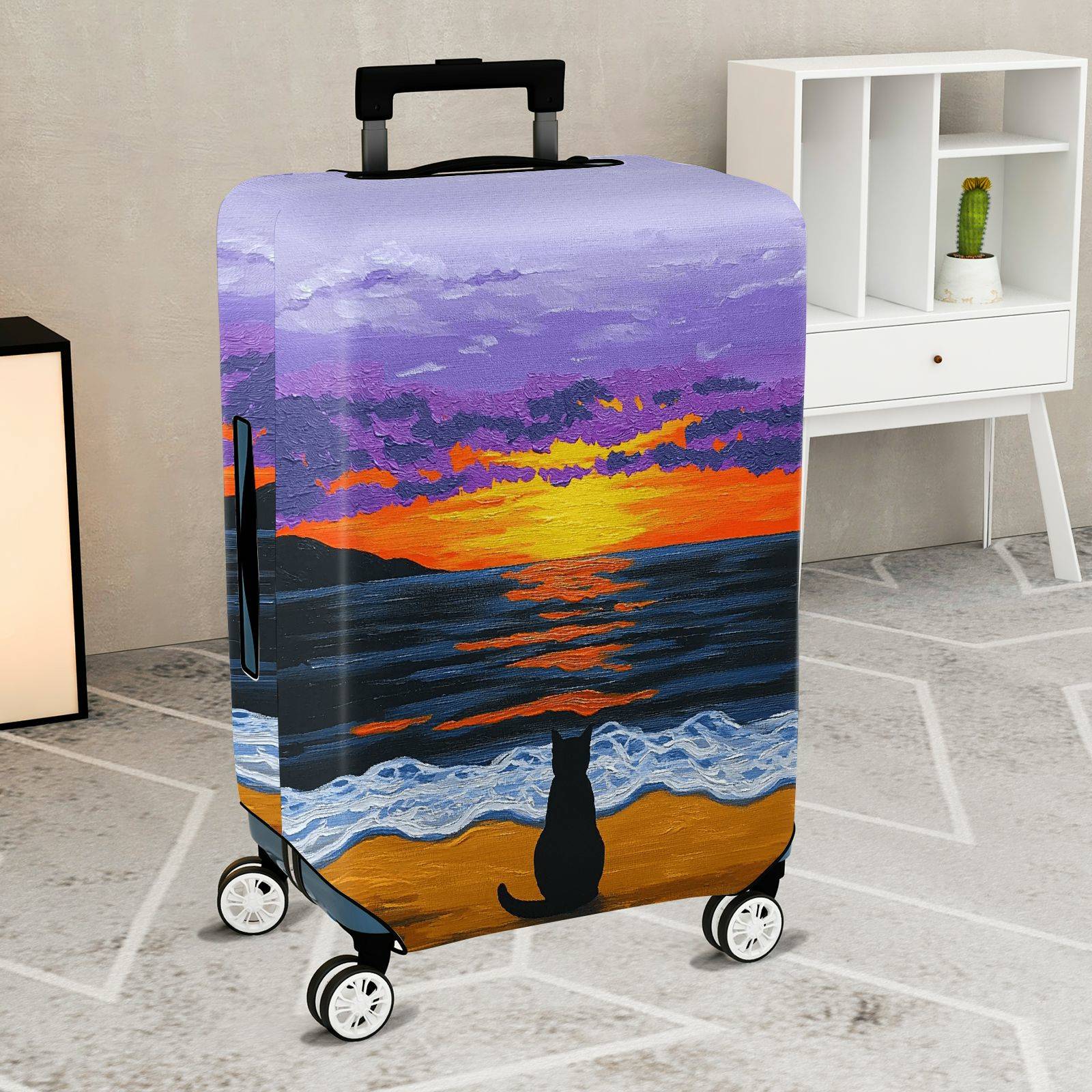 1-Piece Sunset Ocean Cat Beach Evening Landscape  Suitcase Luggage Cover, Stretch Protective Sleeve