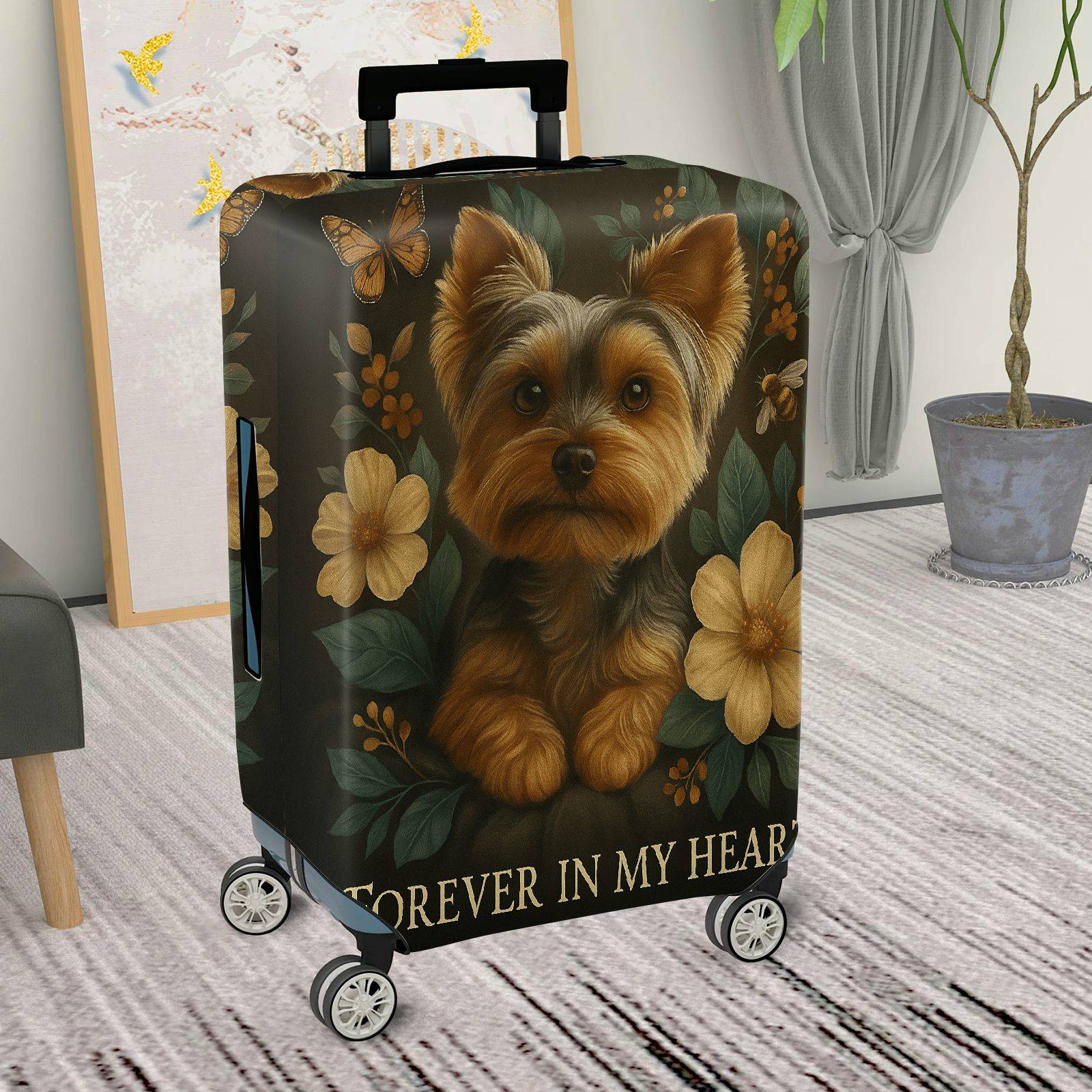1-Piece Yorkie Dog Floral Nature Butterfly Text  Suitcase Luggage Cover, Stretch Protective Sleeve