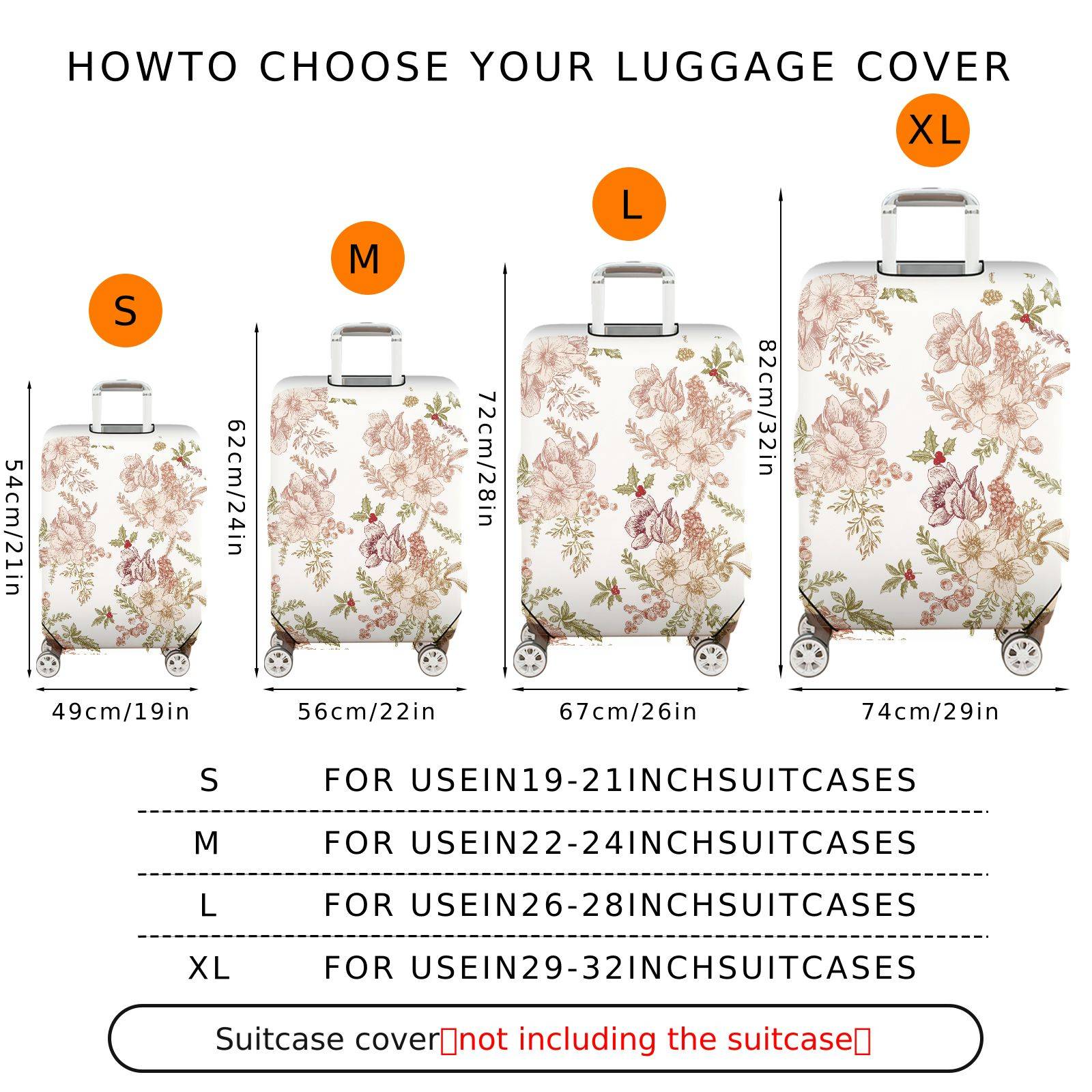 1-Piece Elegant Floral Vintage Art Holiday Botanical  Suitcase Luggage Cover, Stretch Protective Sleeve