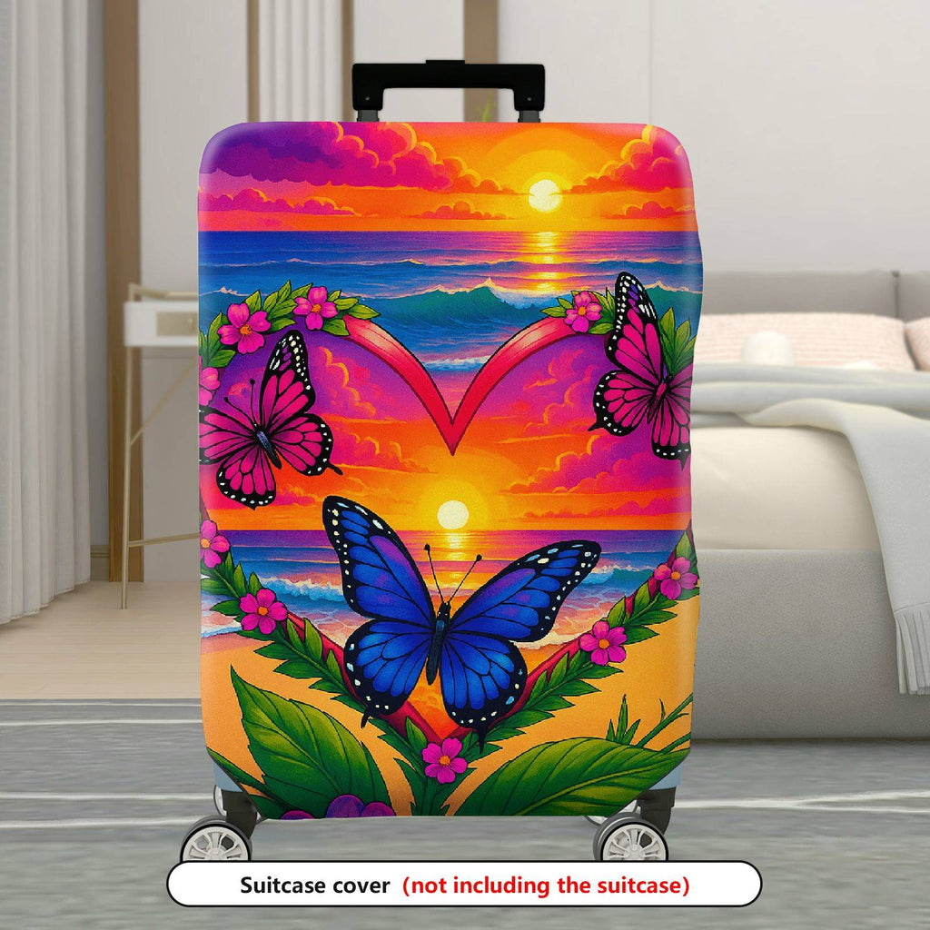 1-Piece Sunset Ocean Heart Butterfly Floral  Suitcase Luggage Cover, Stretch Protective Sleeve