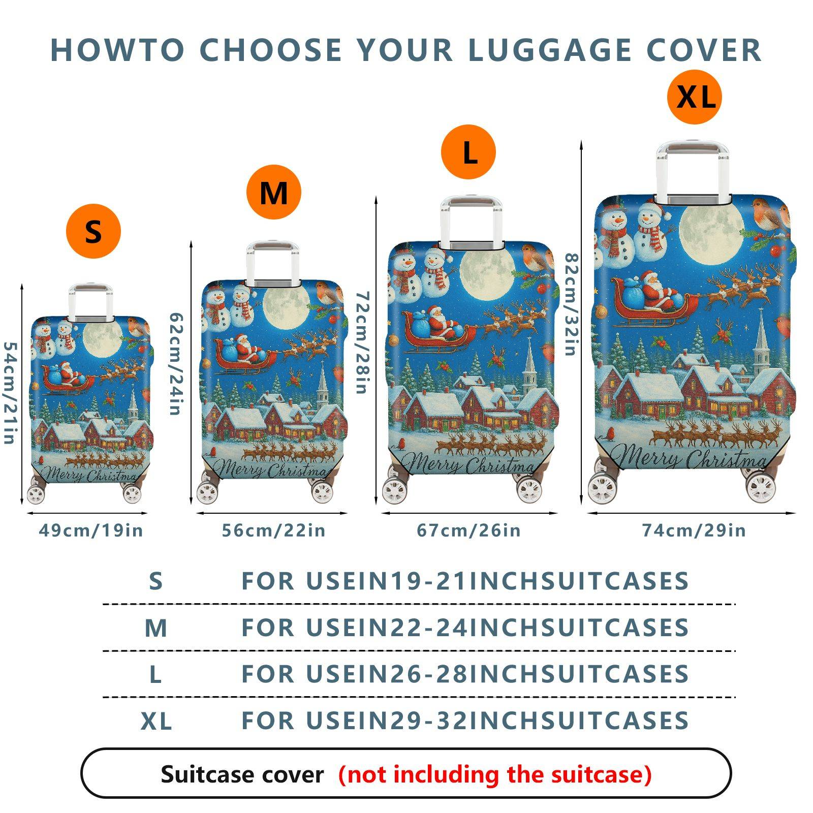 1-Piece Christmas Winter Santa Snowman Reindeer Holiday  Suitcase Luggage Cover, Stretch Protective Sleeve
