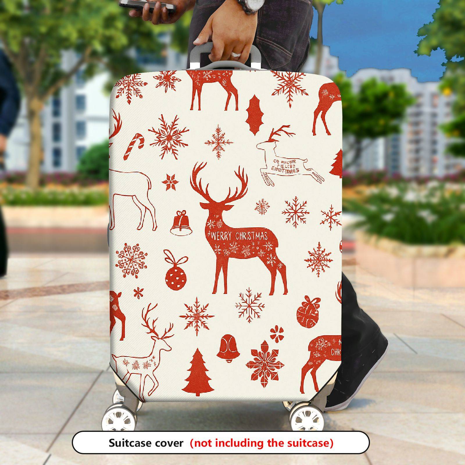 1-Piece Christmas Holiday Deer Snowflakes Bells Ornaments  Suitcase Luggage Cover, Stretch Protective Sleeve