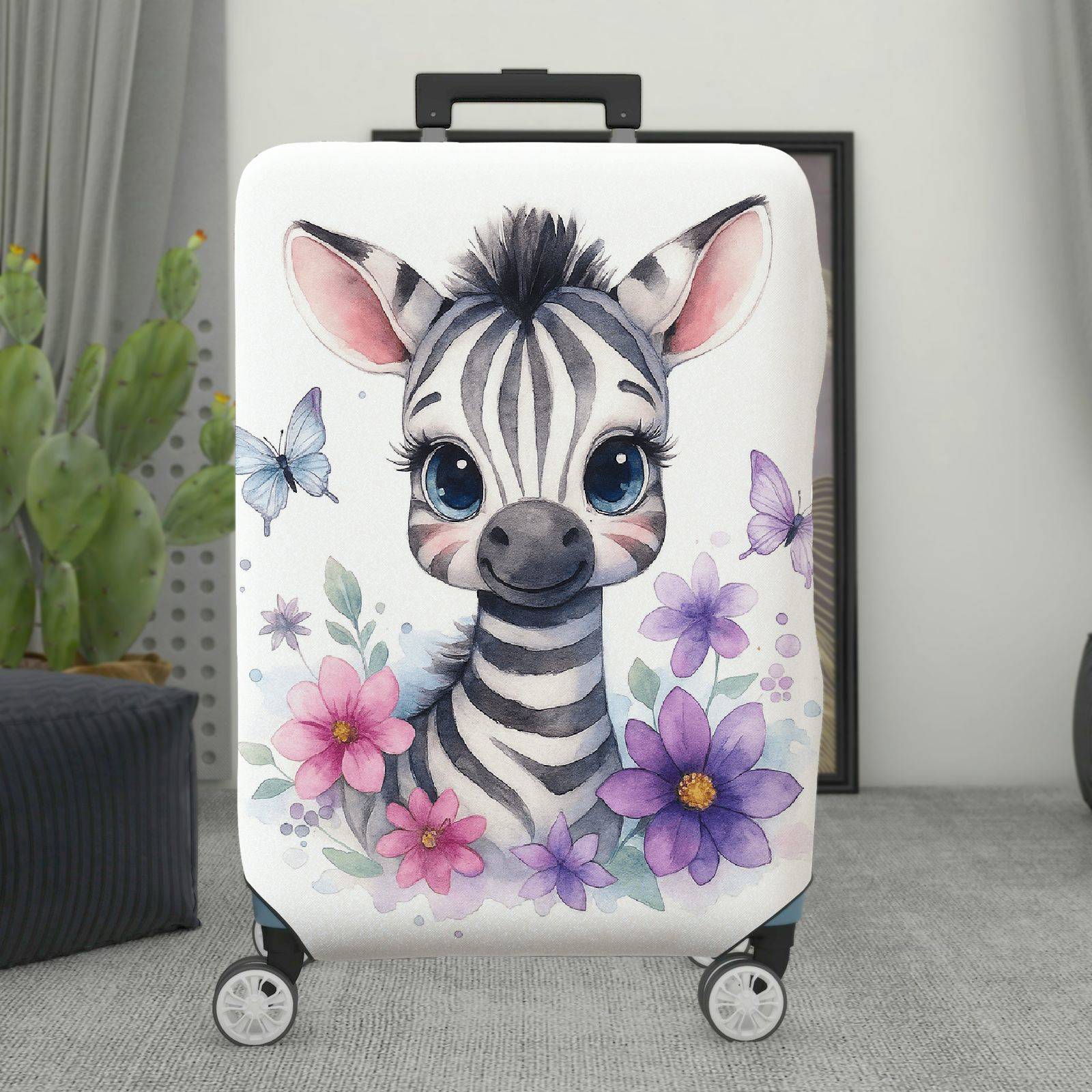 1-Piece Cute Zebra Butterfly Floral Art Print  Suitcase Luggage Cover, Stretch Protective Sleeve