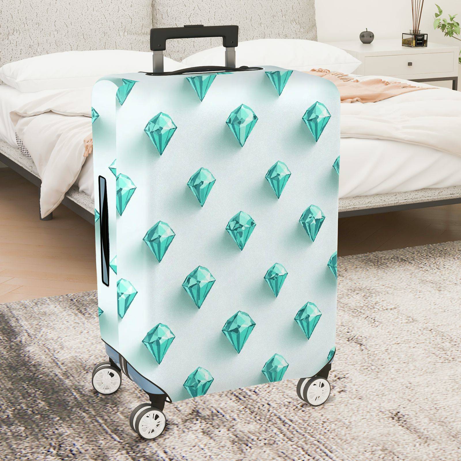 1-Piece Diamond Geometric Pattern Turquoise Blue White Chic  Suitcase Luggage Cover, Stretch Protective Sleeve