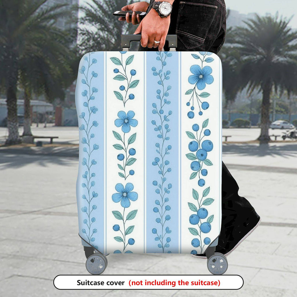 1-Piece Blue Floral Pattern Vertical Line Berry Leaf  Suitcase Luggage Cover, Stretch Protective Sleeve