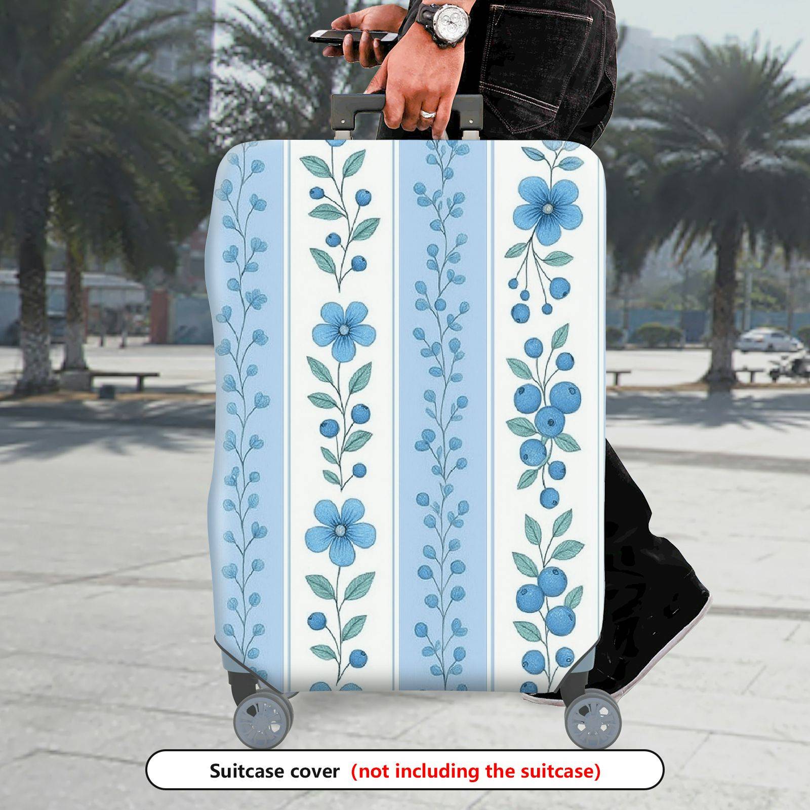 1-Piece Blue Floral Pattern Vertical Line Berry Leaf  Suitcase Luggage Cover, Stretch Protective Sleeve
