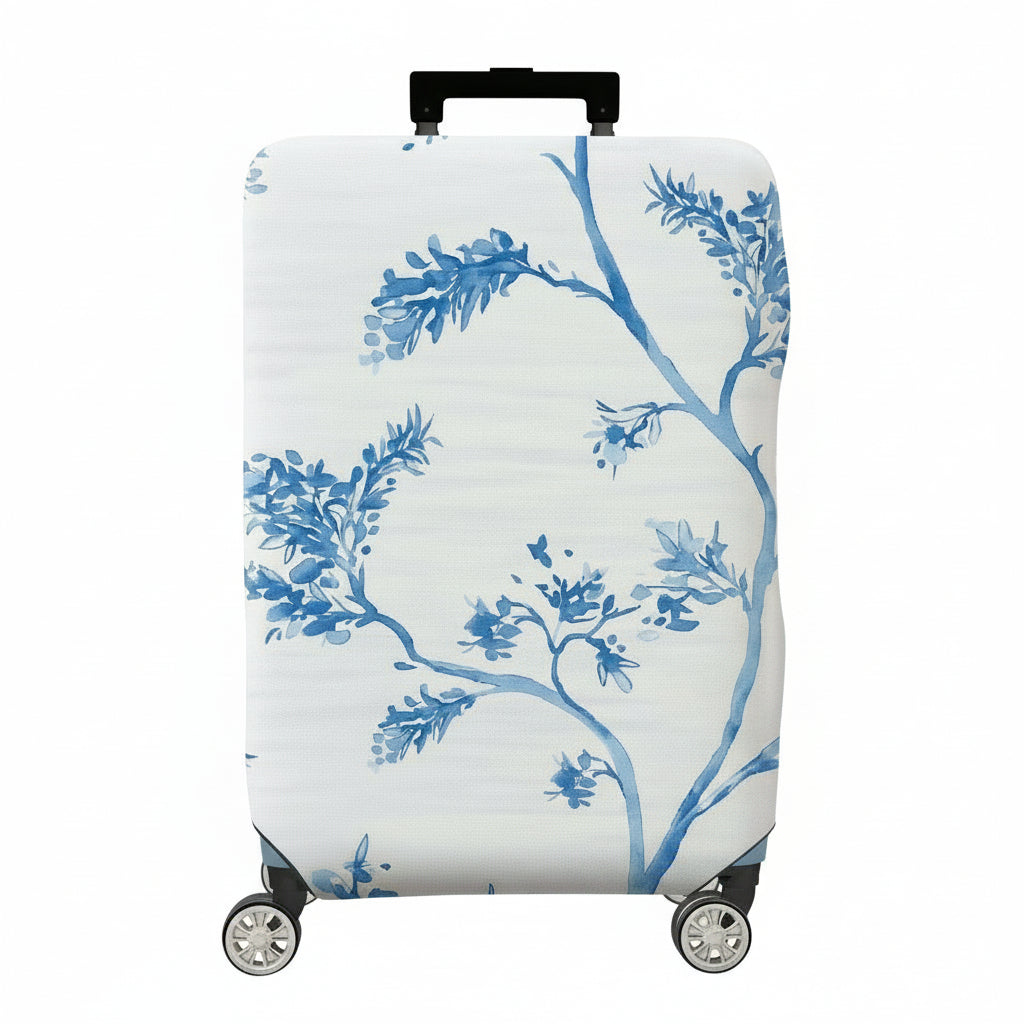 1-Piece White Blue Floral Branch Art Design  Suitcase Luggage Cover, Stretch Protective Sleeve