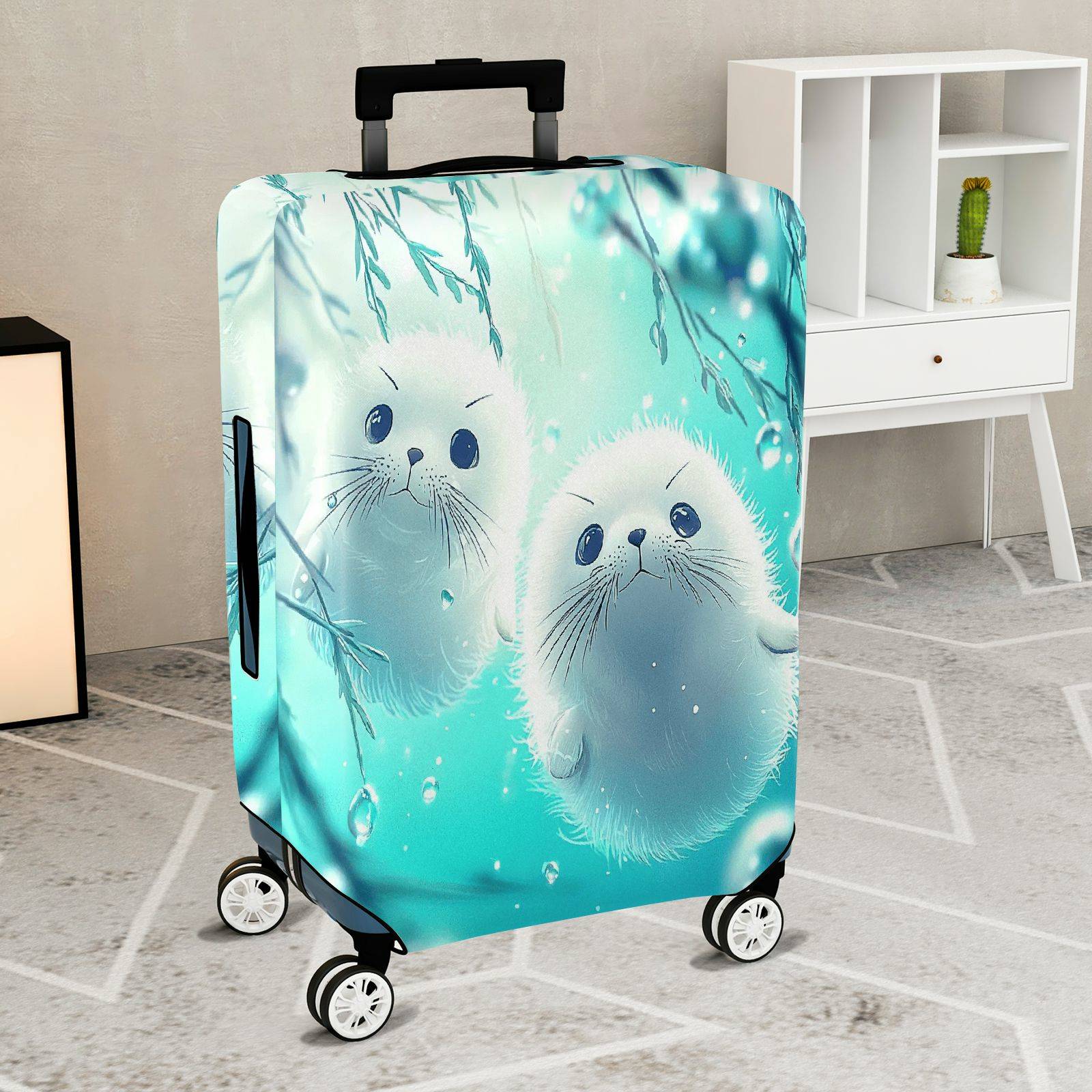 1-Piece Cute Seal Ocean Blue Raindrop Artful  Suitcase Luggage Cover, Stretch Protective Sleeve