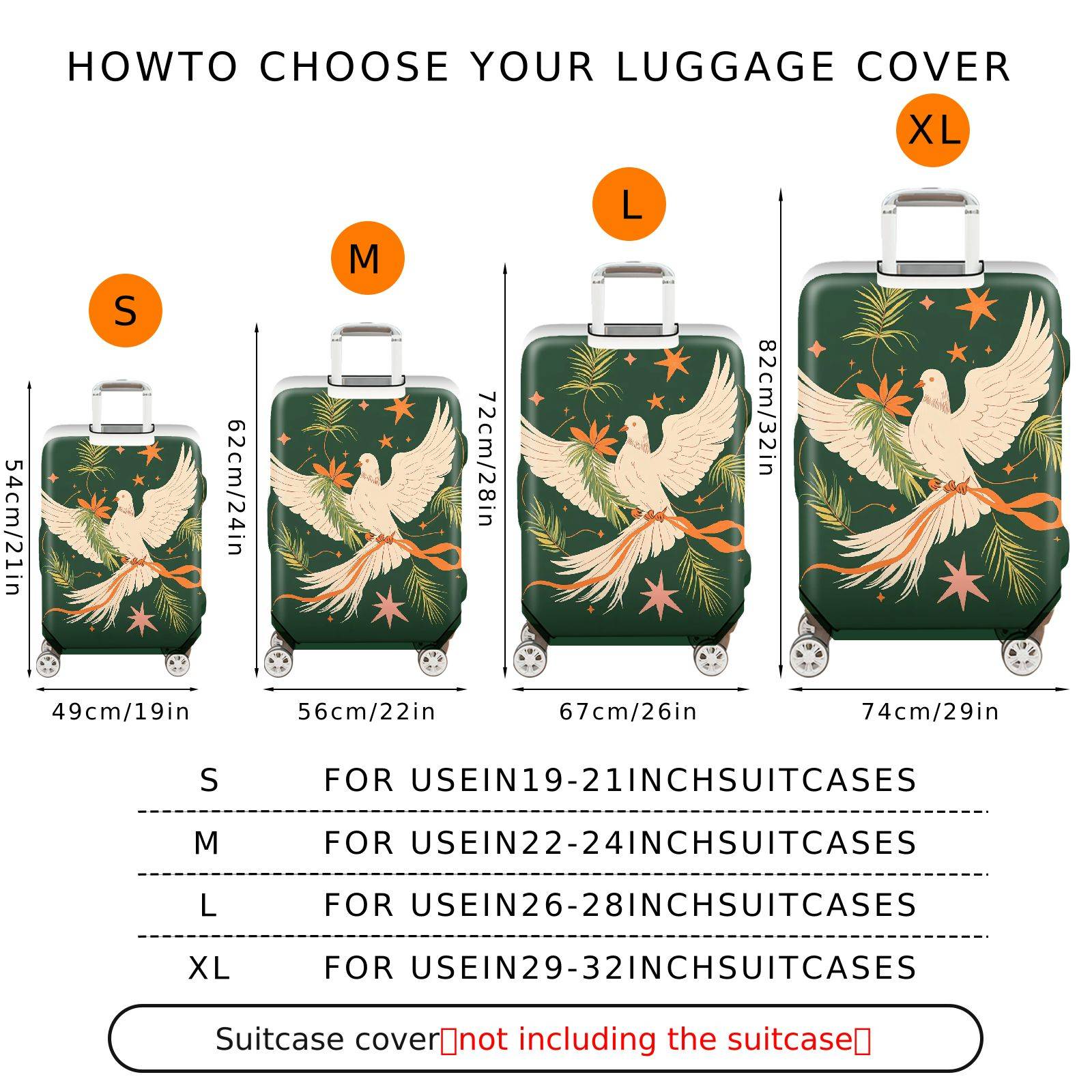 1-Piece Green Bird Star Floral Ribbon Leaf  Suitcase Luggage Cover, Stretch Protective Sleeve