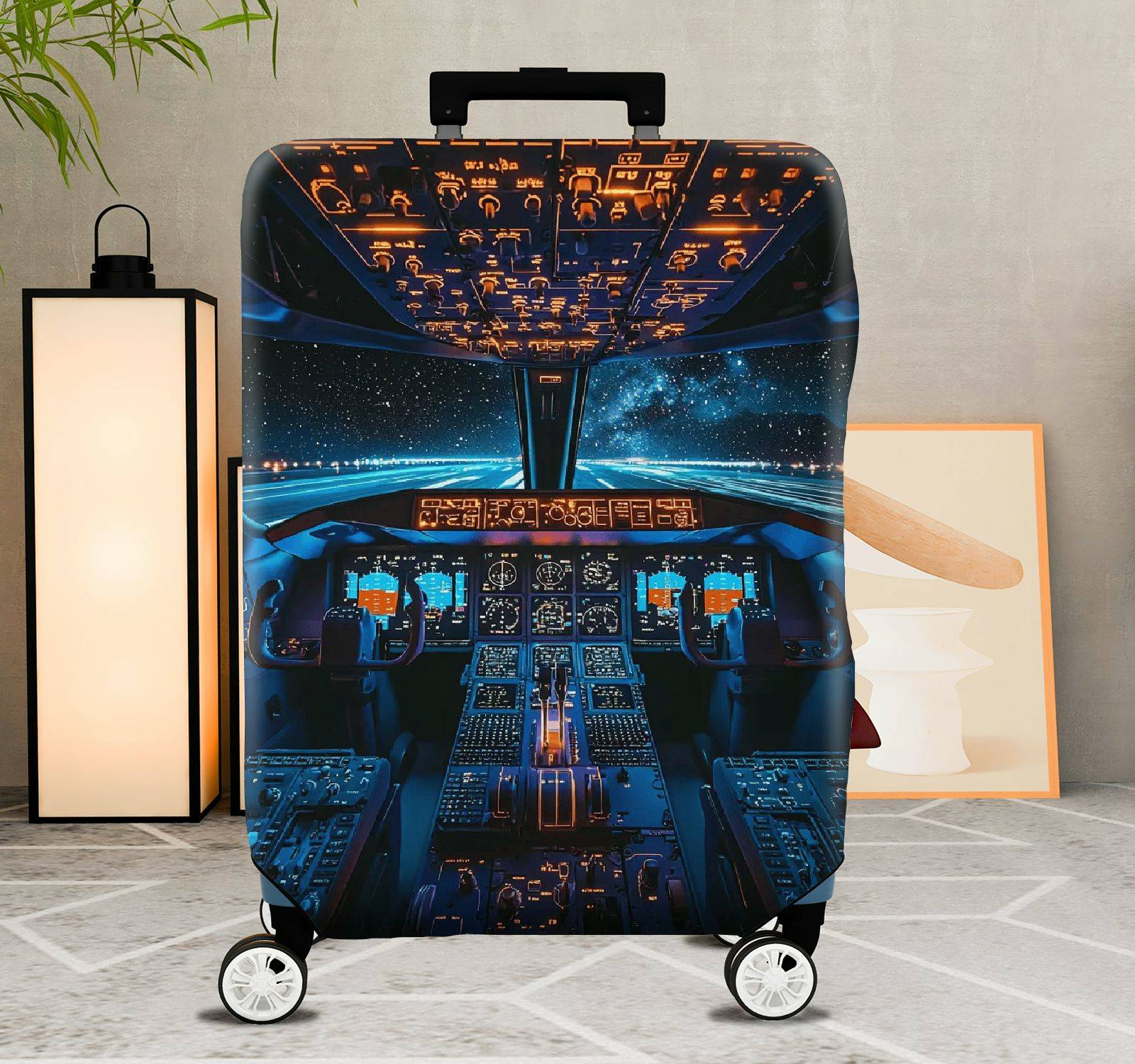 1-Piece Airplane Cockpit Night Sky Starry Universe Aerospace  Suitcase Luggage Cover, Stretch Protective Sleeve