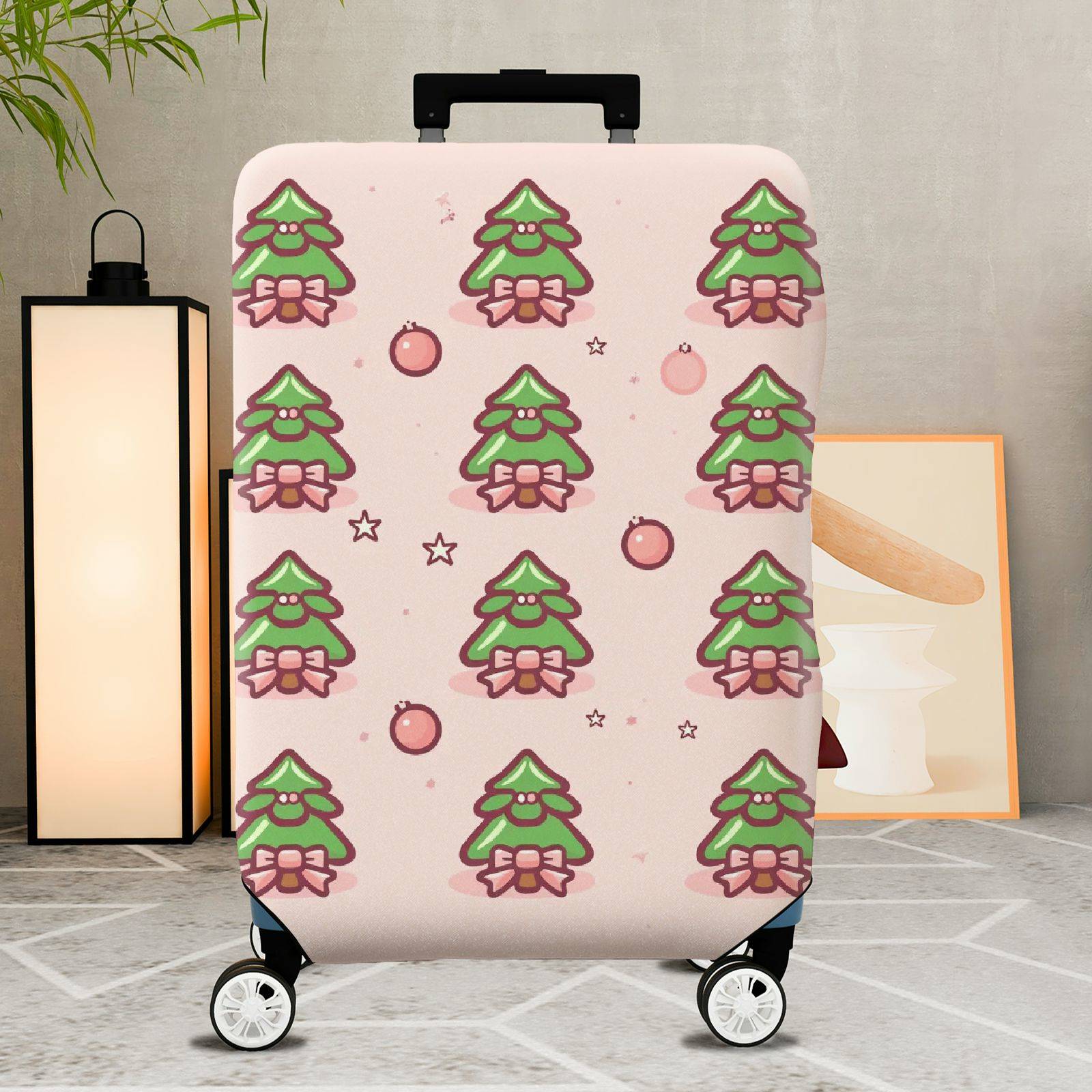 1-Piece Christmas Tree Pink Bow Cute Festive Holiday  Suitcase Luggage Cover, Stretch Protective Sleeve