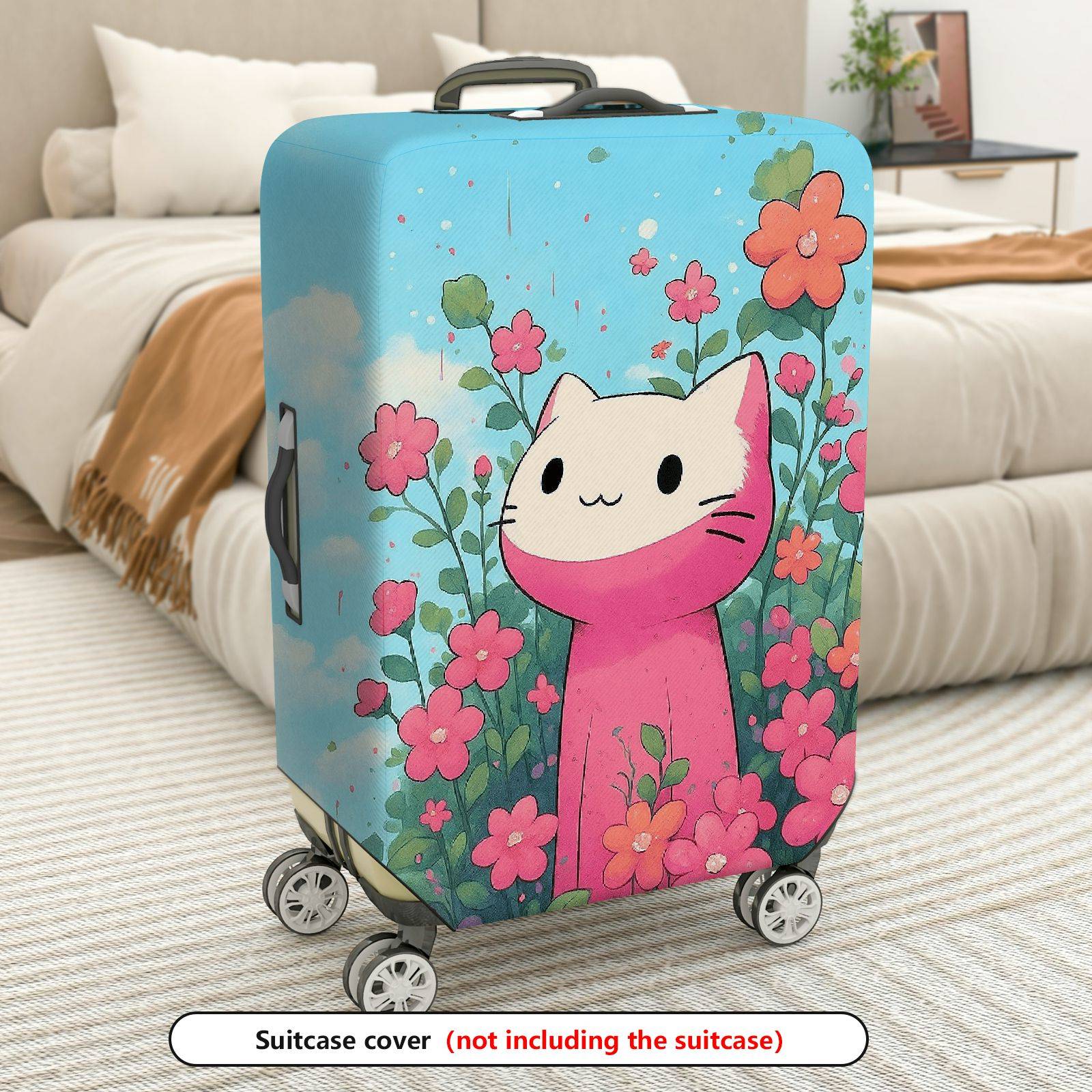 1-Piece Floral Cute Pink Cat  Suitcase Luggage Cover, Stretch Protective Sleeve