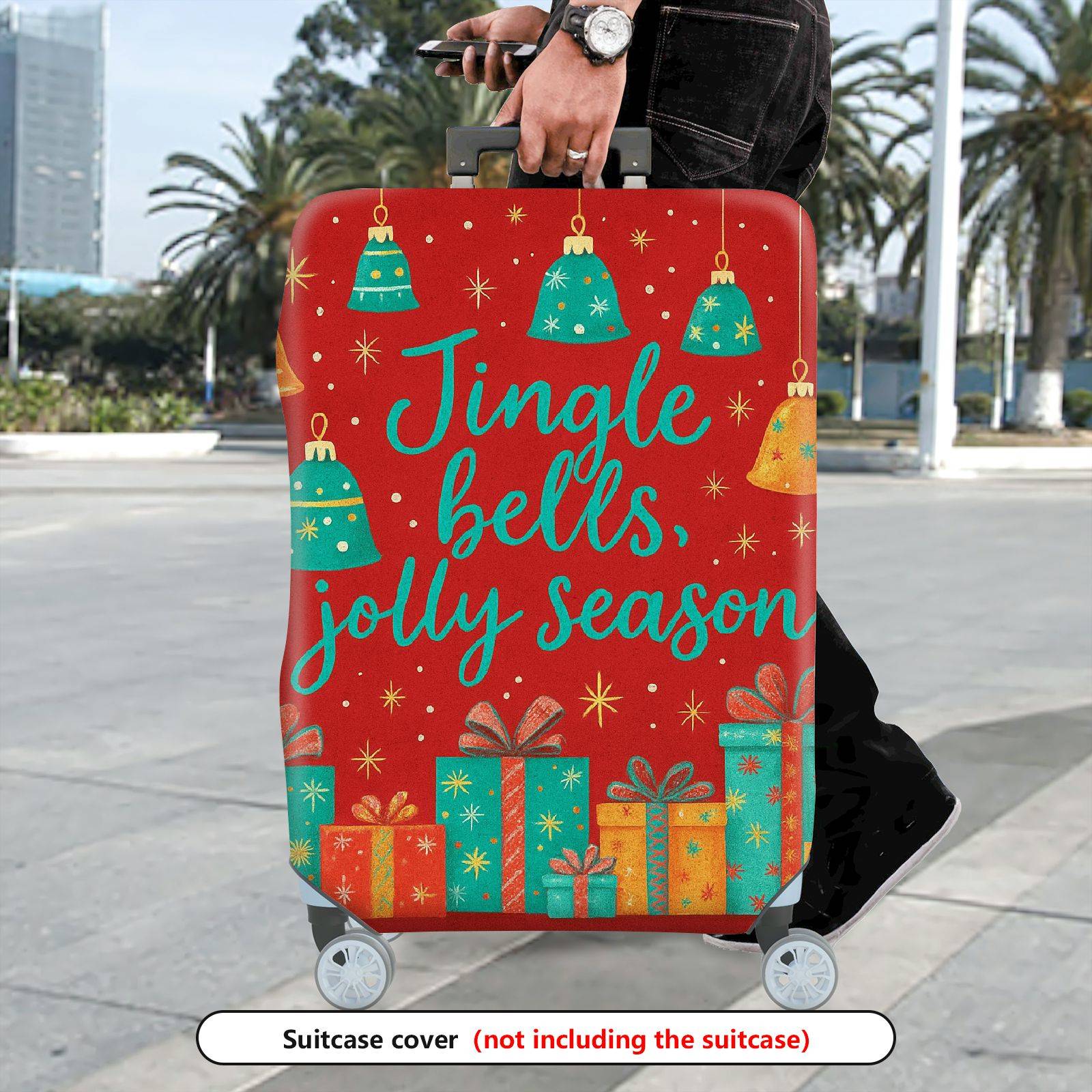 1-Piece Christmas Holiday Festive Bells Gifts  Suitcase Luggage Cover, Stretch Protective Sleeve