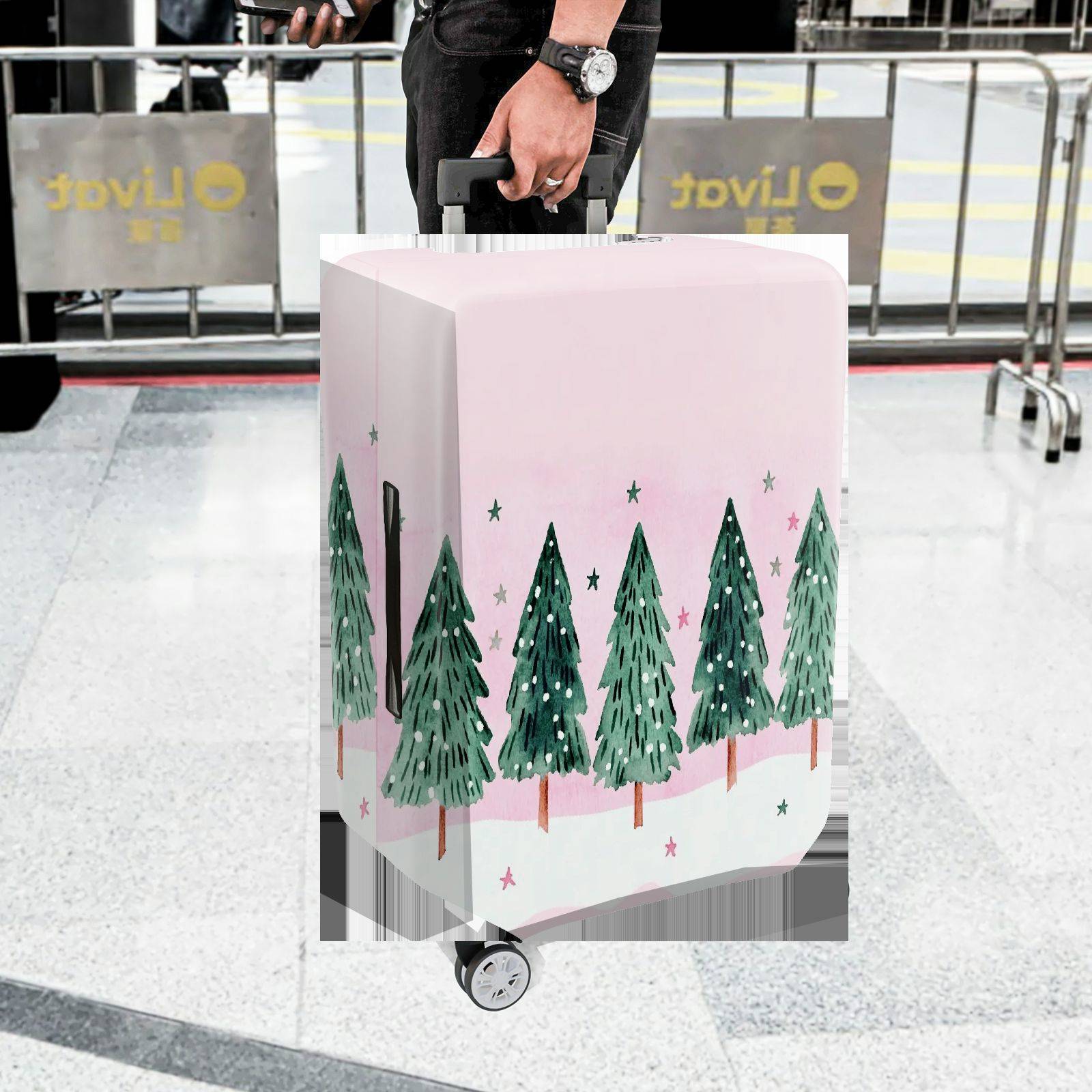 1-Piece Christmas Tree Snow Stars Pink Green Winter Holiday  Suitcase Luggage Cover, Stretch Protective Sleeve