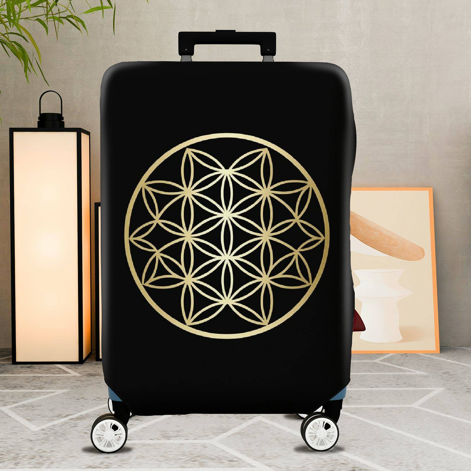 1-Piece Black Gold Geometric Flower Mandala  Suitcase Luggage Cover, Stretch Protective Sleeve