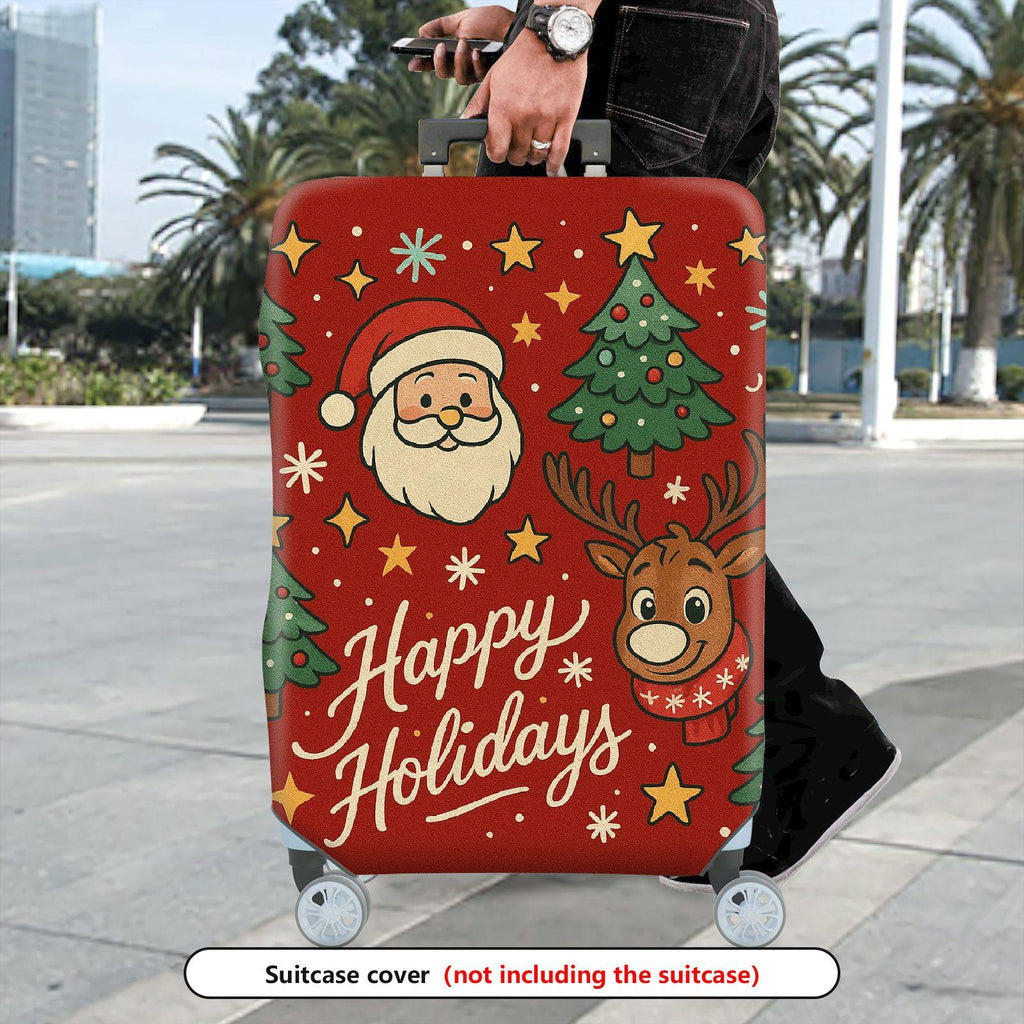 1-Piece Christmas Santa Reindeer Tree Stars Holidays  Suitcase Luggage Cover, Stretch Protective Sleeve