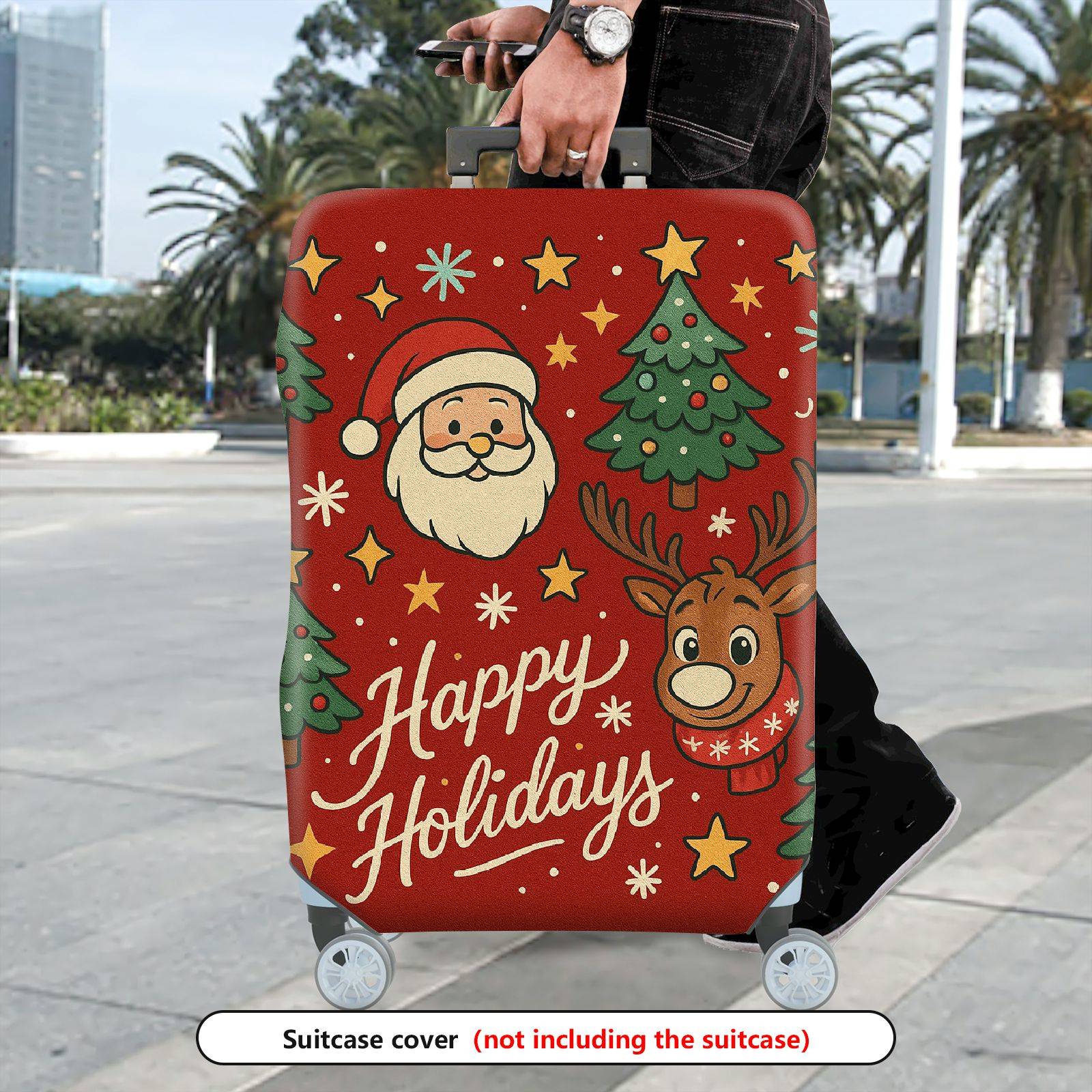 1-Piece Christmas Santa Reindeer Tree Stars Holidays  Suitcase Luggage Cover, Stretch Protective Sleeve
