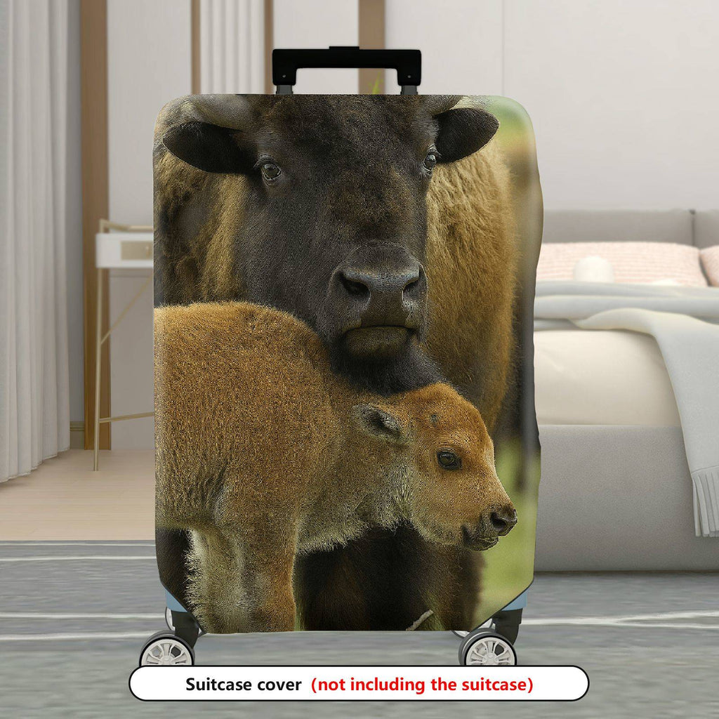1-Piece Animal Nature Wildlife Family Buffalo Cow Calf  Suitcase Luggage Cover, Stretch Protective Sleeve