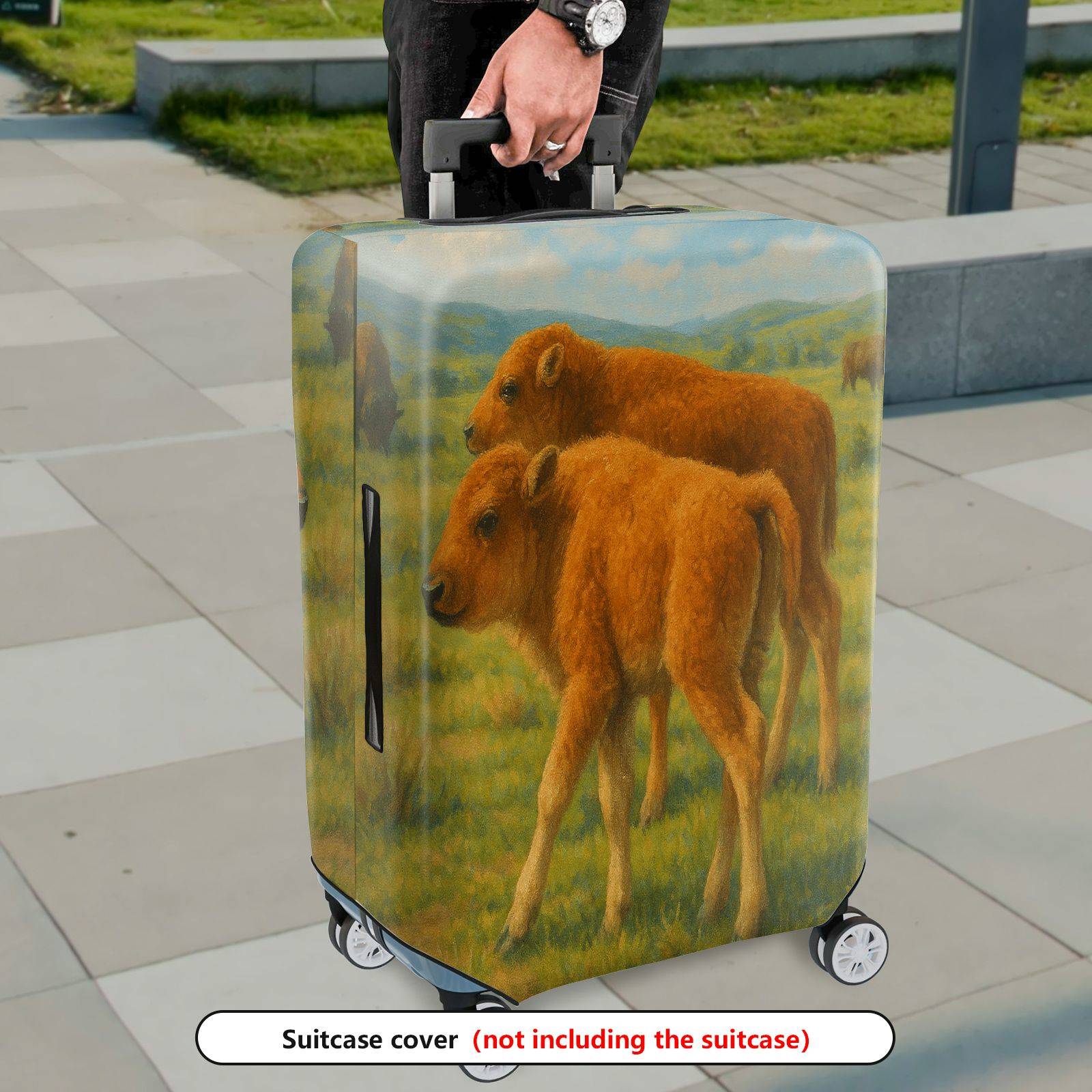 1-Piece Bison Calves Prairie Landscape Nature Wildlife Artistic  Suitcase Luggage Cover, Stretch Protective Sleeve