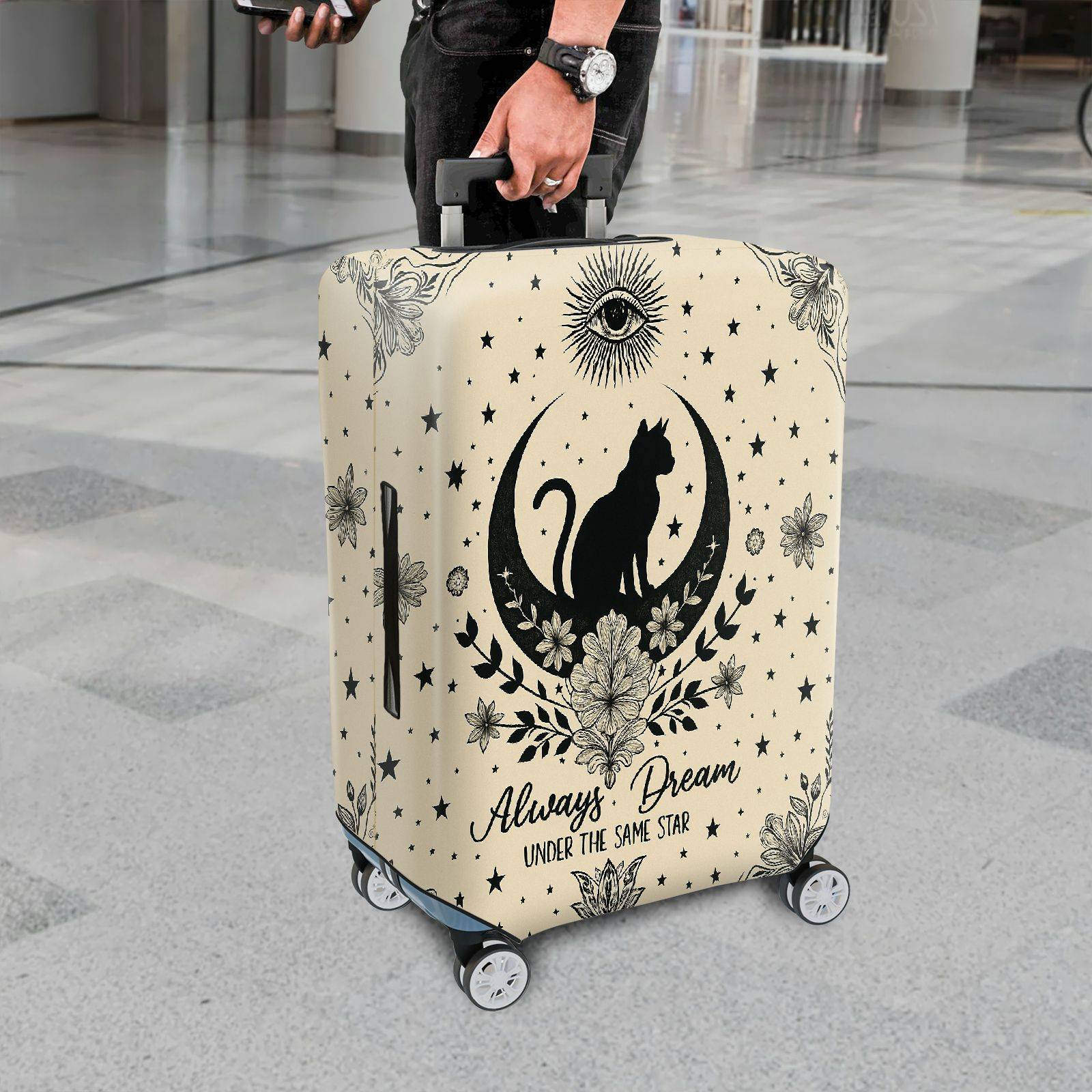 1-Piece Mystical Vintage Floral Black Cat Eye Star  Suitcase Luggage Cover, Stretch Protective Sleeve