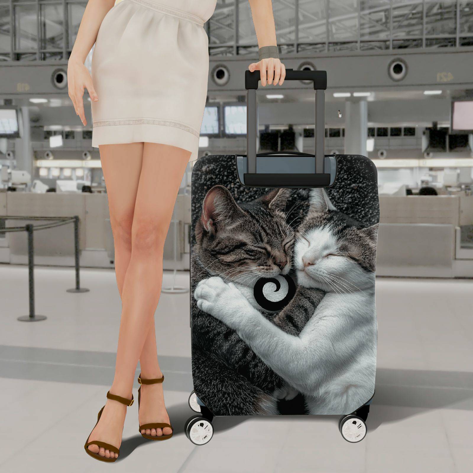 1-Piece Cute Cozy Cat Hugging Love Peace  Suitcase Luggage Cover, Stretch Protective Sleeve