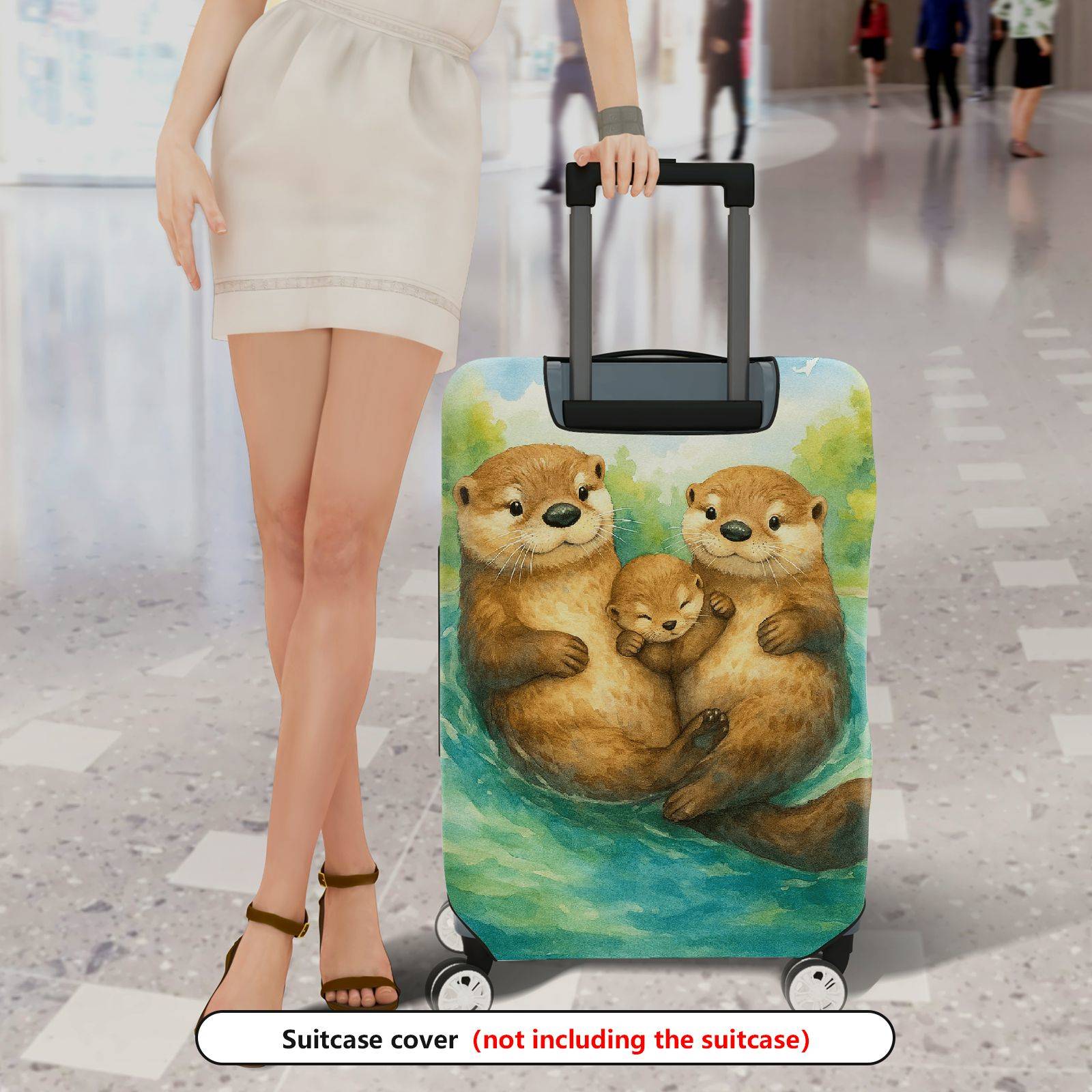 1-Piece Adorable Otter Watercolor Art  Nature Family  Suitcase Luggage Cover, Stretch Protective Sleeve
