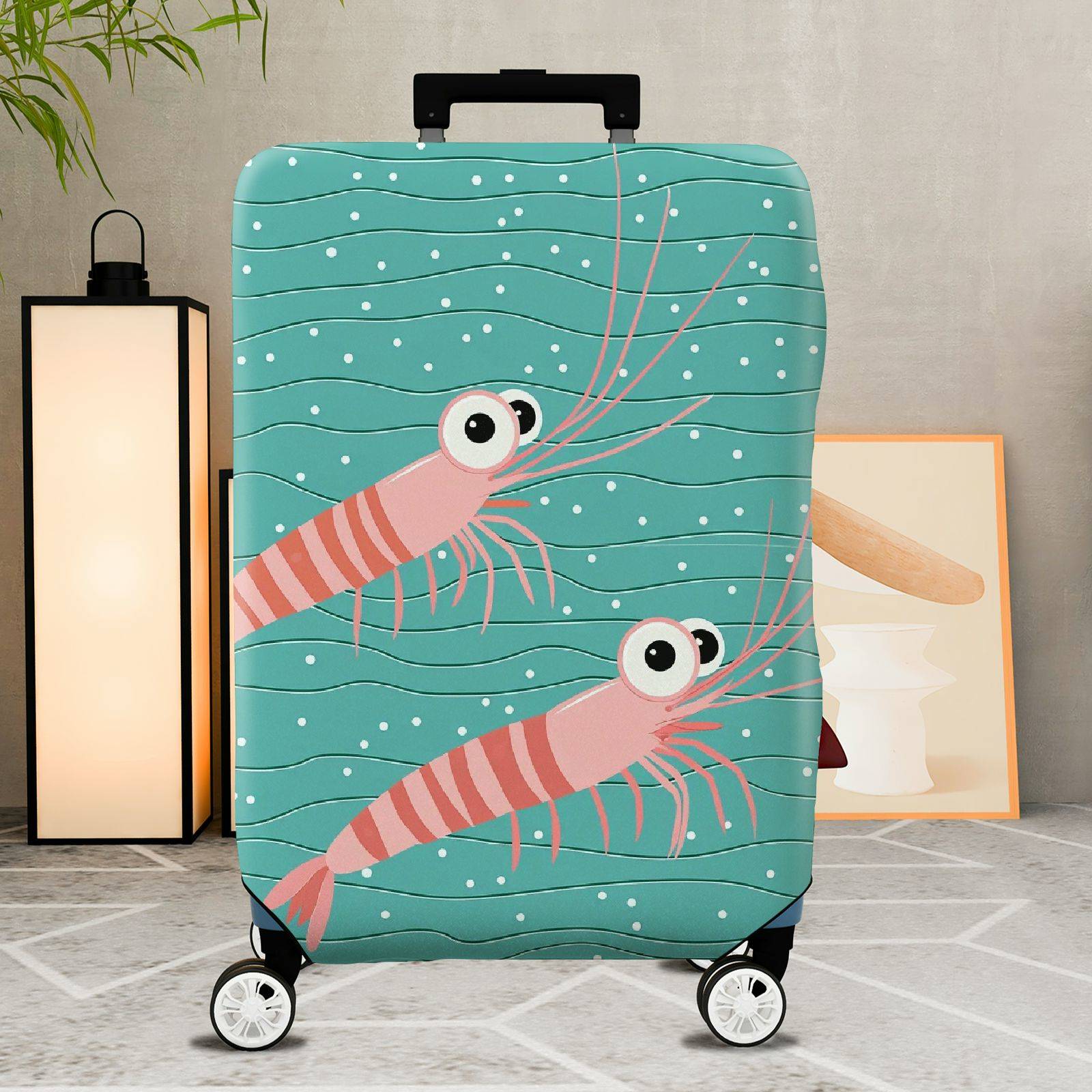 1-Piece Shrimp  Teal Striped Polka Dots Cute  Suitcase Luggage Cover, Stretch Protective Sleeve