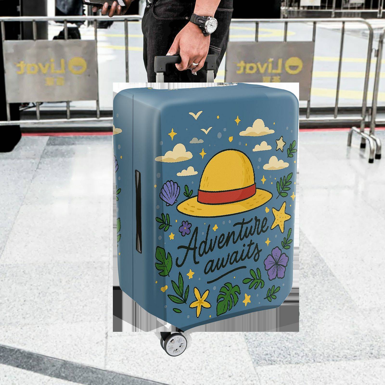1-Piece Adventure Awaits Floral Hat Cloud Star  Suitcase Luggage Cover, Stretch Protective Sleeve