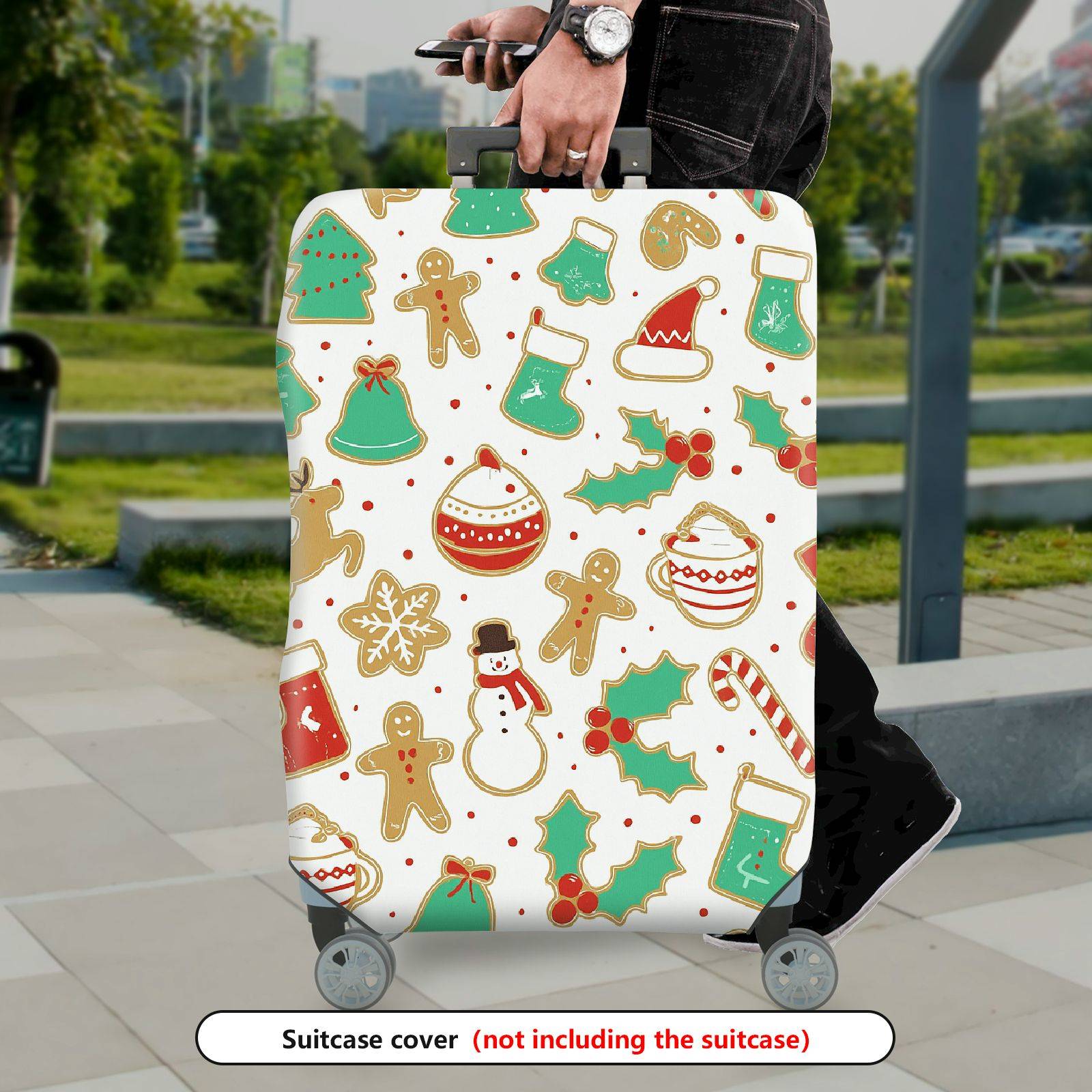 1-Piece Christmas Gingerbread Reindeer Snowman Festive Holiday  Suitcase Luggage Cover, Stretch Protective Sleeve